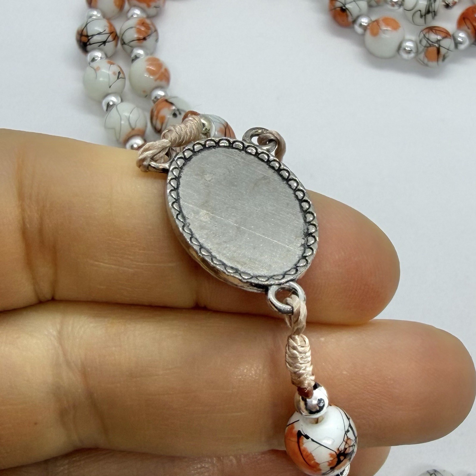 Vtg Catholic Religious Orange Rosary Glass Beads Necklace Silvertone Prayer
