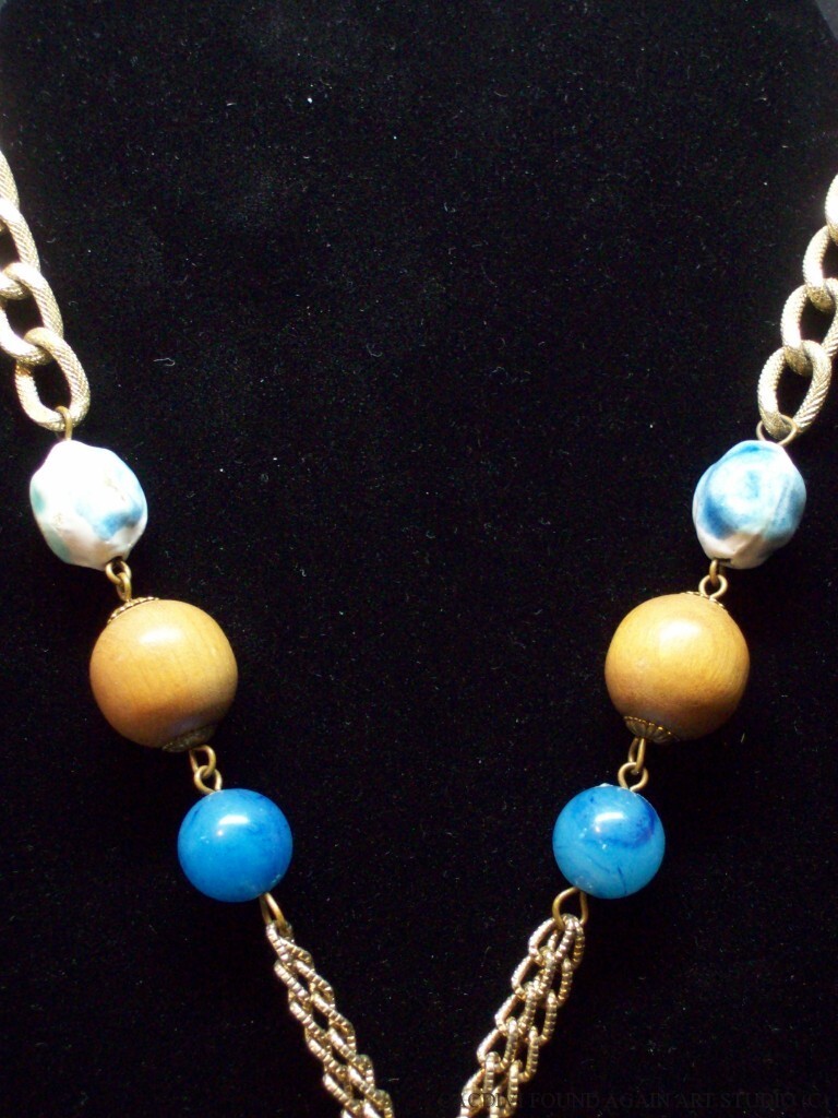 Real Shell Blue Ceramic Wood Beads Chain Necklace Vintage Boho Gold Tone Tassel
