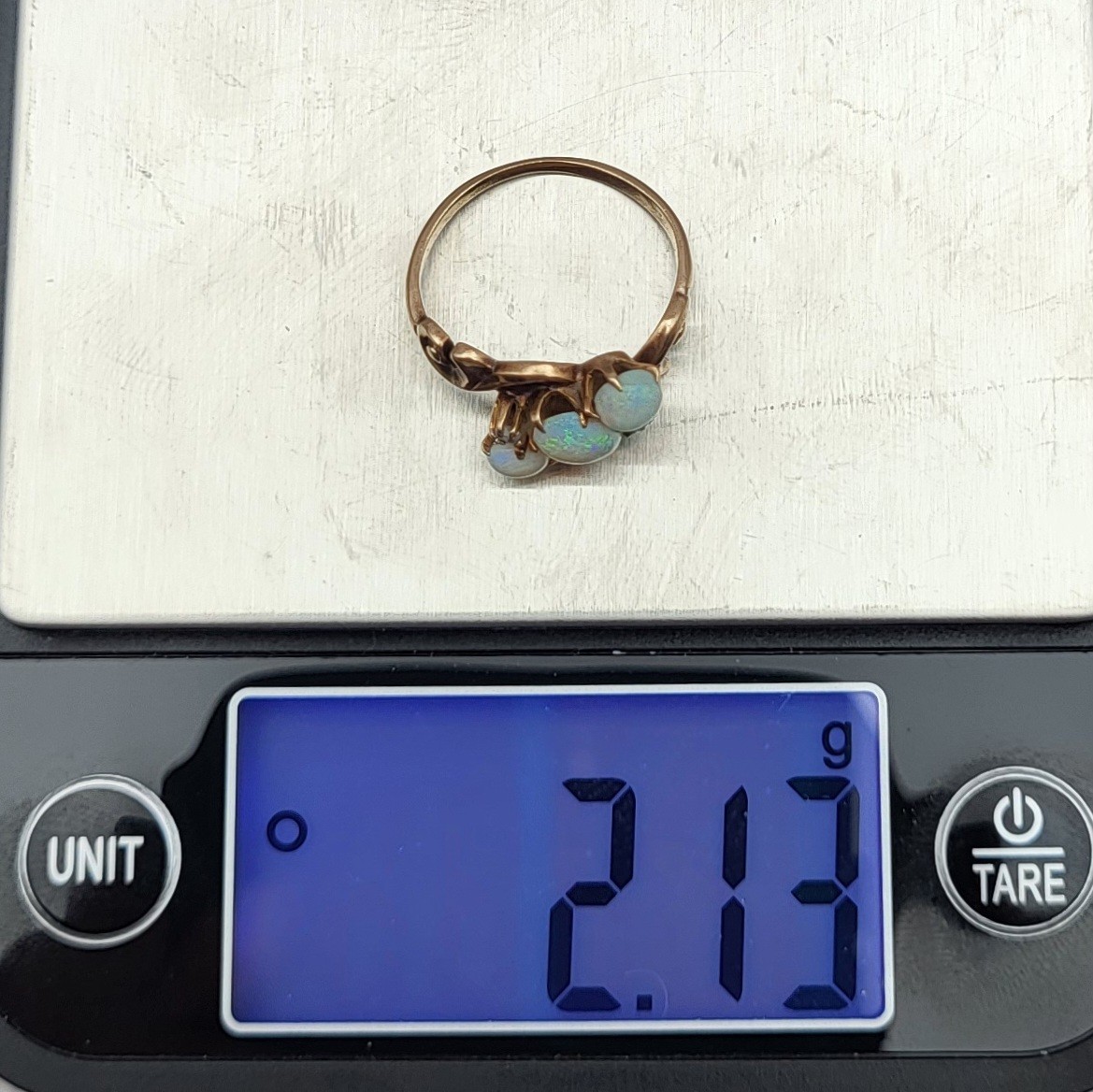 Antique Victorian 10K Gold Trilogy Opal & Diamond Ring Sz 4.25