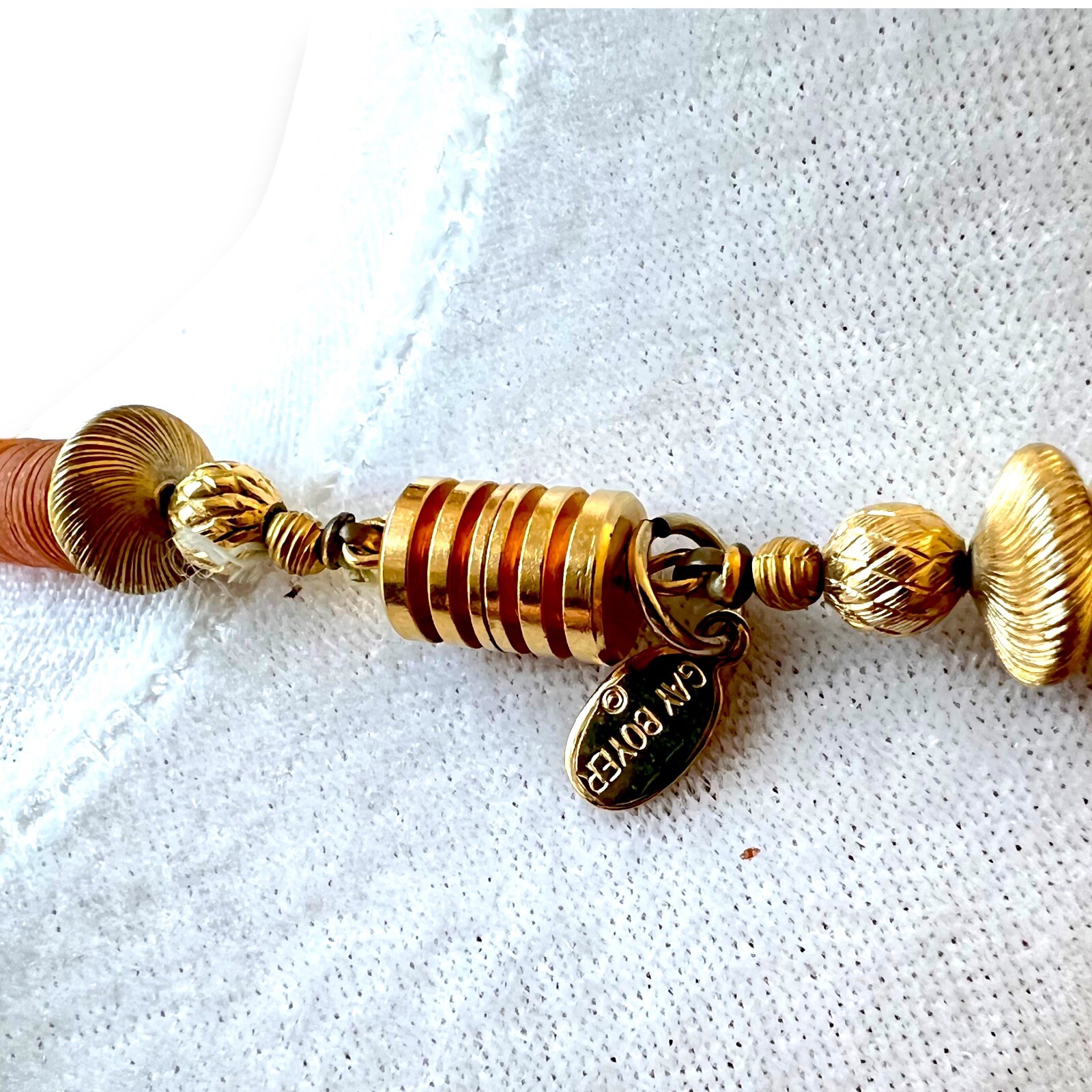 Gay Boyer Necklace Amber Lucite Gold Tone Bead 26″ Vintage Signed