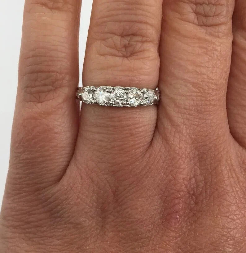 1.60CTW White Round Cut CZ Antique Art Deco Five Stone Wedding 925 Silver Ring