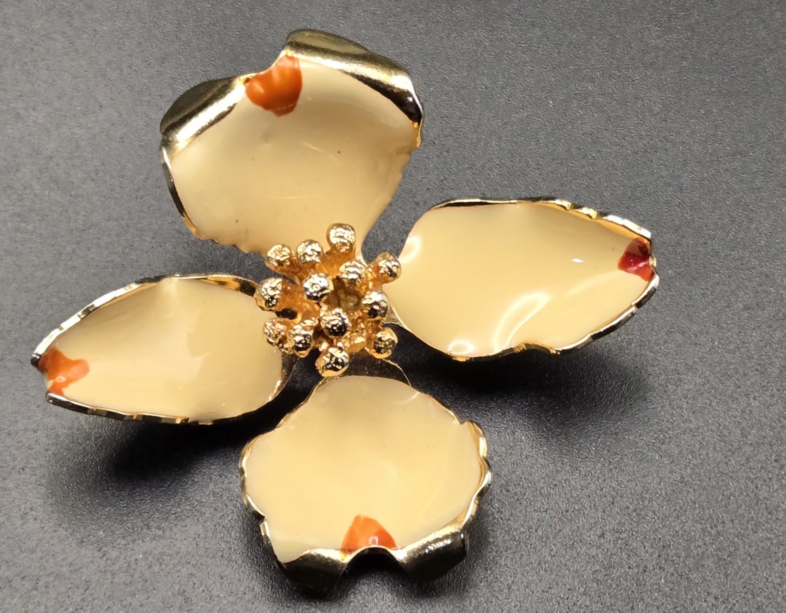 Vintage Signed CERRITO Enamel Flower Brooch Pin Cream Gold Orange 2″