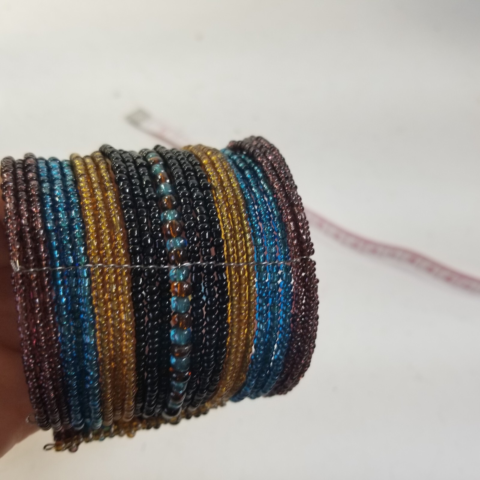 Seed Bead Cuff Bracelet Blue Yellow Black Boho Extra wide