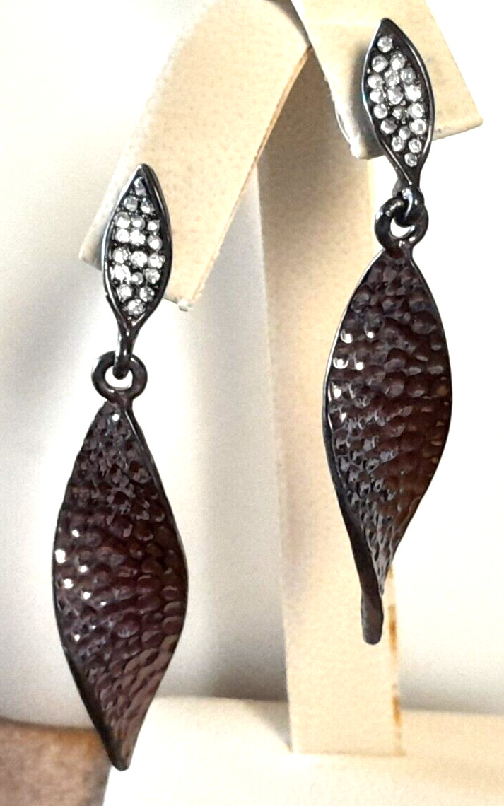 Stunning Gunmetal Pebbled Twist Pave Rhinestone Drop/Dangle 2.5″ Leaf Earrings