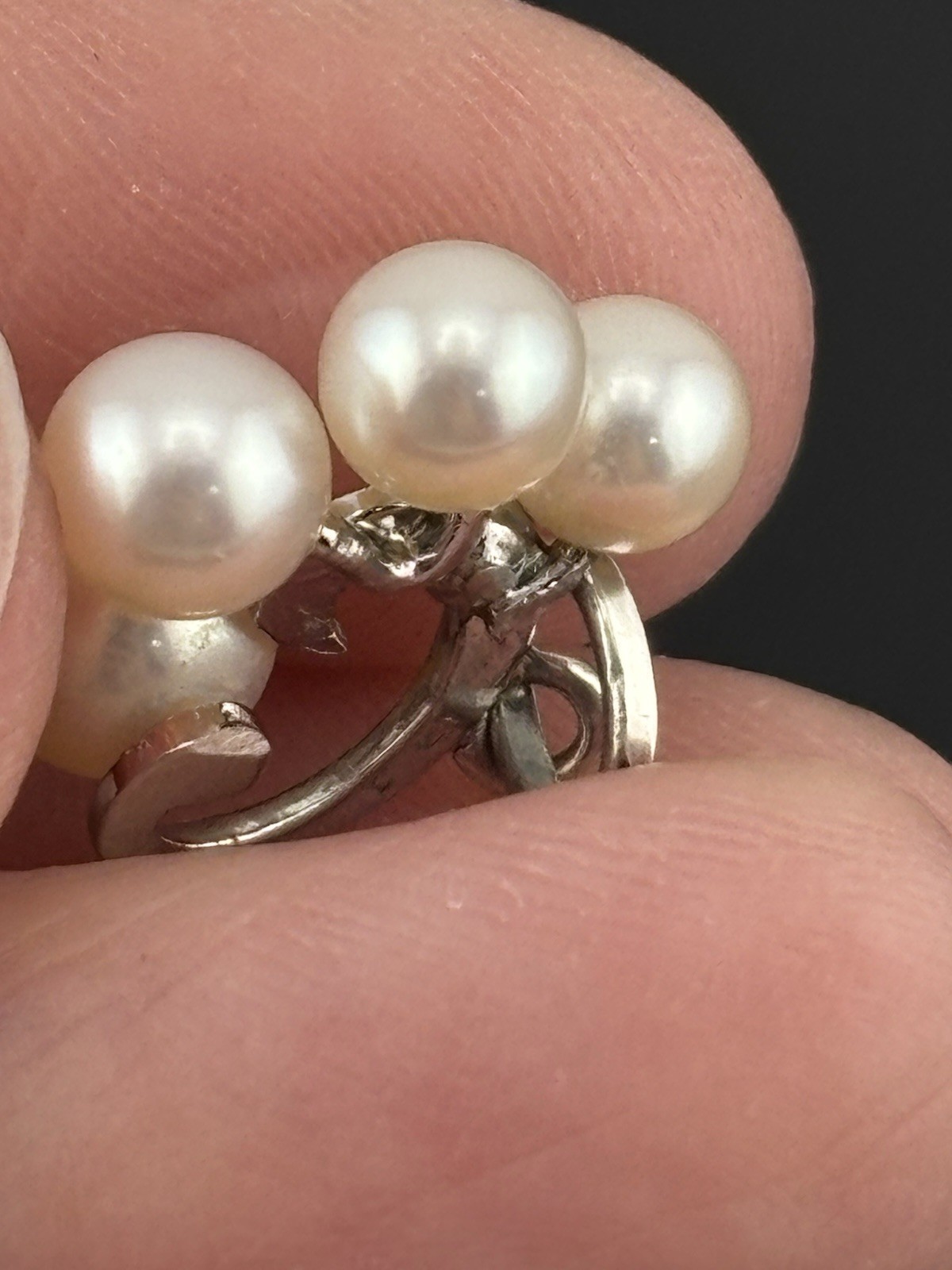Vintage Sterling Silver Mikimoto Akoya Pearl Pendant 4 Pearls Swirl Charm .75″