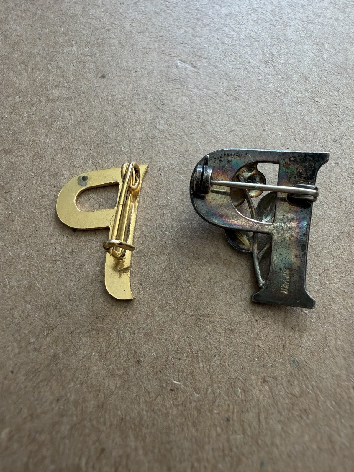 Vintage Letter P Brooch Set Gold Tone & Silver Pearl Minimalist Initial Jewelry