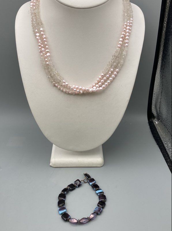 Sterling Silver 925 Pink Pearl Quartz Necklace Artisan Glass Bracelet Lot of 2