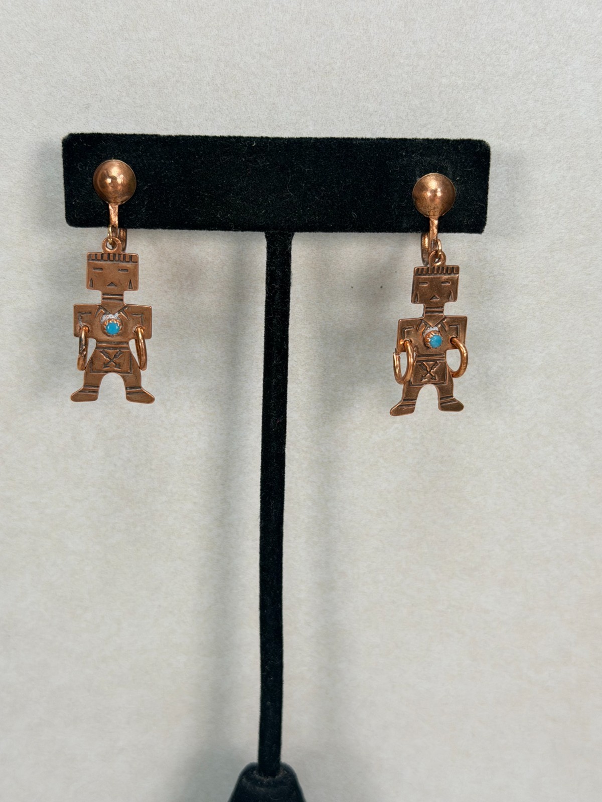 Vintage Copper Native American Kachina Figure Dangle Screw Back Earrings