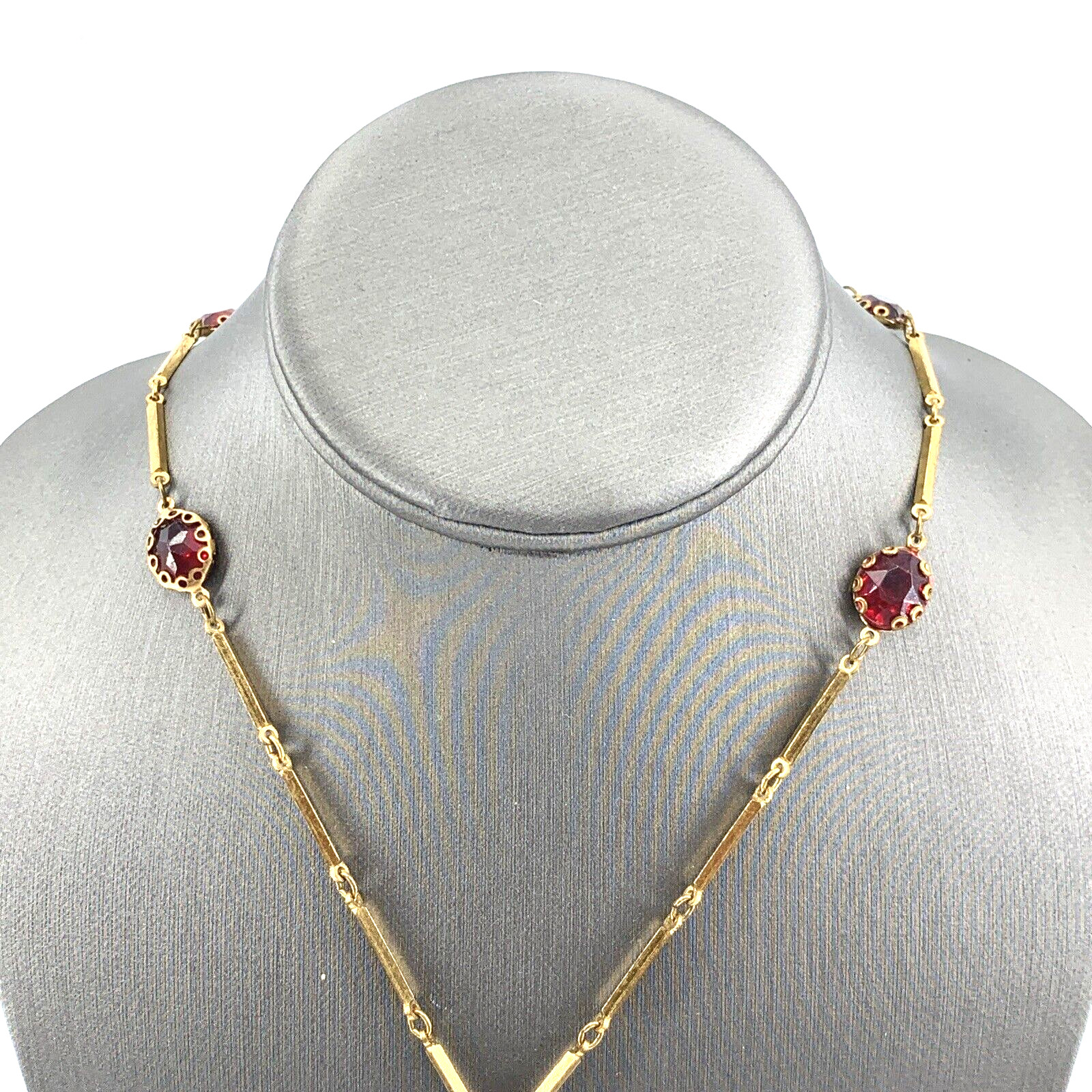 Statement Necklace Medallion Faux Baroque Pearl Red Glass Gold Tone 26″ Vtg