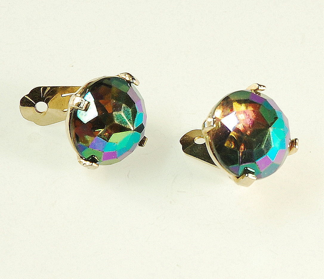 VTG SIGNED ZENTALL FACETED AB SMOKE TOPAZ GLASS EARRINGS C.1950