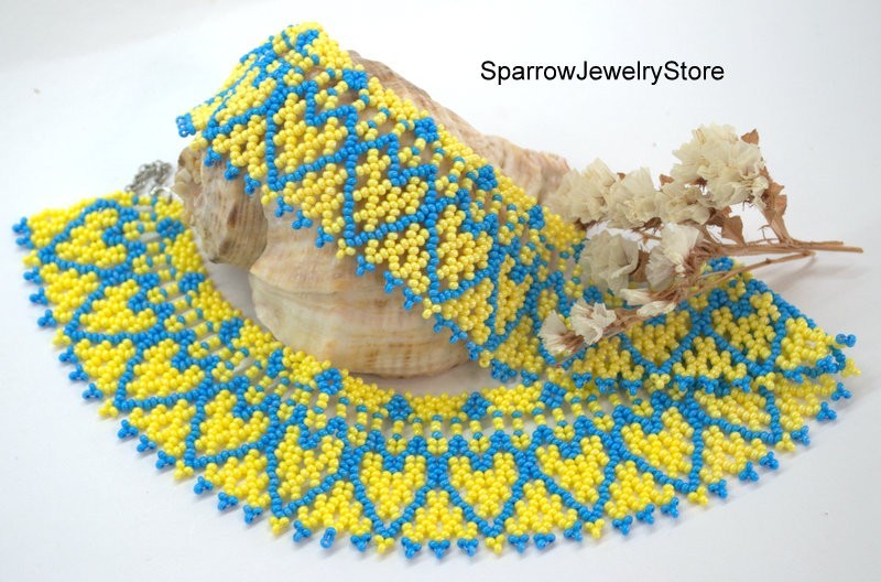 Blue yellow seed bead choker Czech glass bohemian necklace Ukrainian sylianka