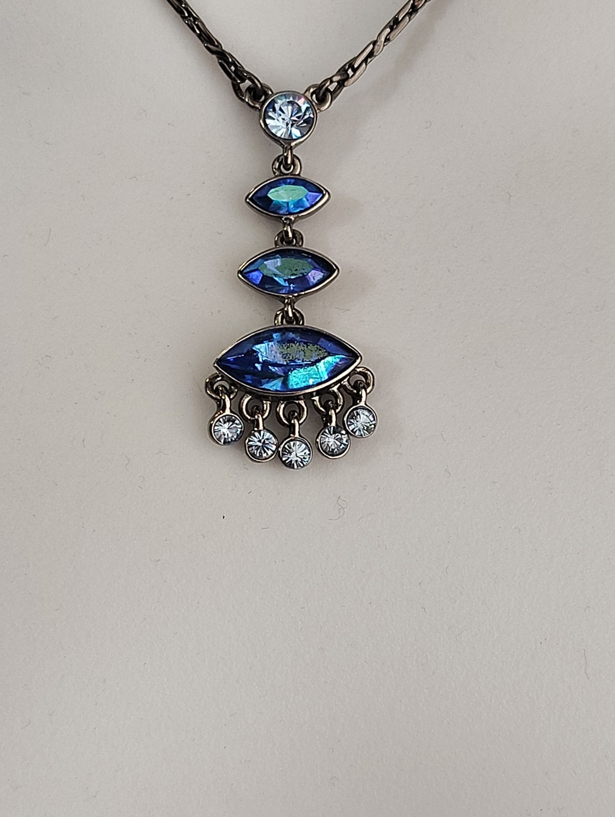 Vintage GIVENCHY Y-Drop Gunmetal & Blue Crystal Rhinestone Necklace 15″ – 17″