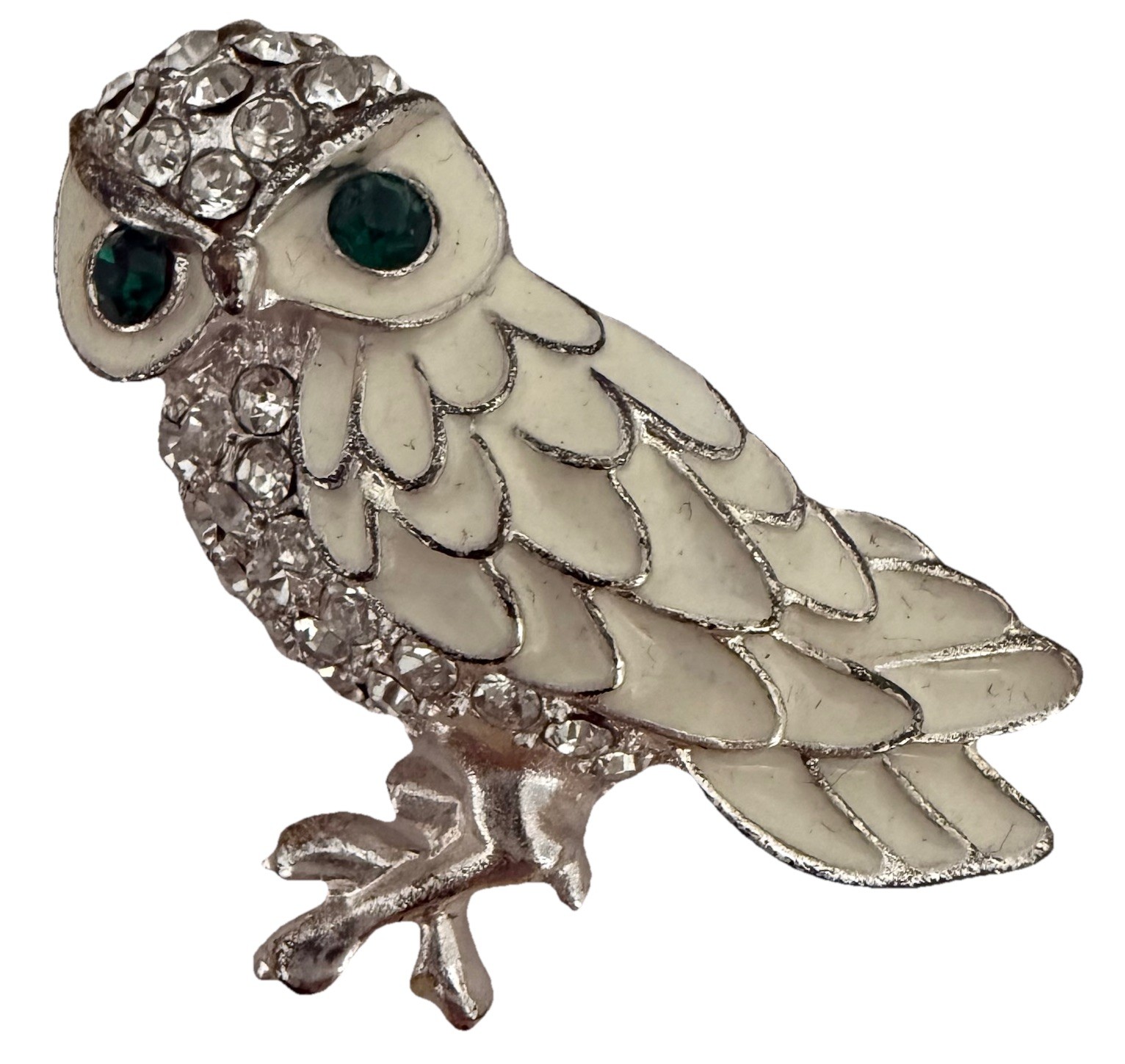 Owl Brooch White Enamel Rhinestones Green Gem Eyes Silver Tone Metal Base