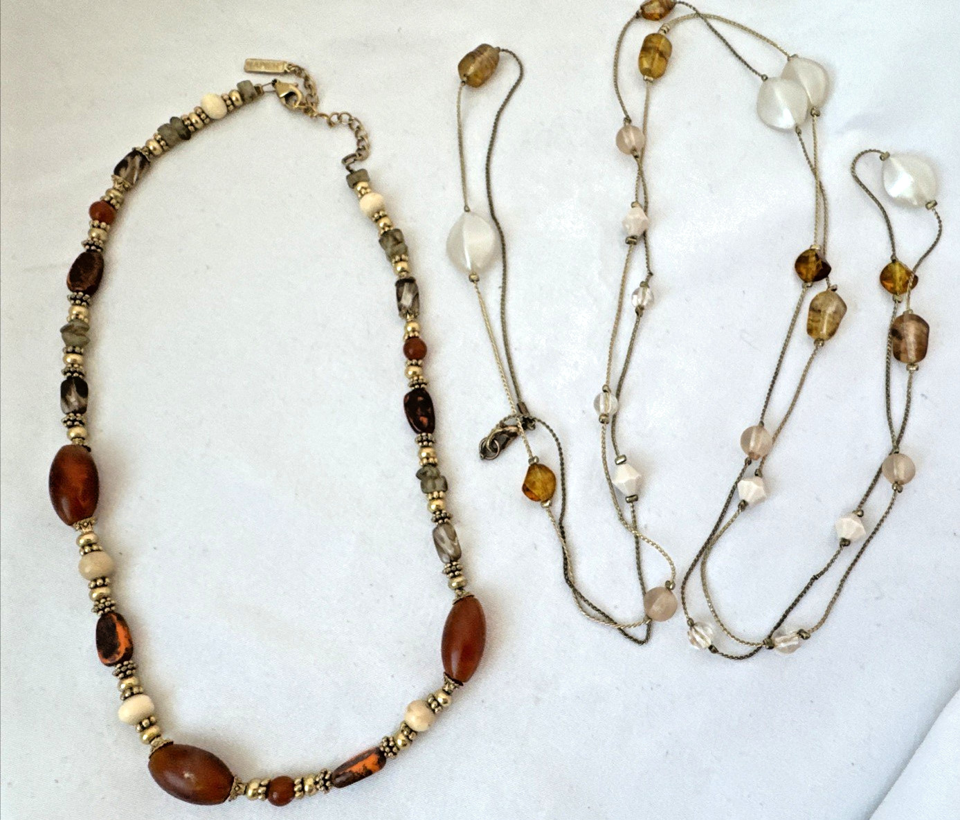 vtg *2 Necklaces Stack* Earthtones GOLD bead chain textured Jewelry Lot-1 signed