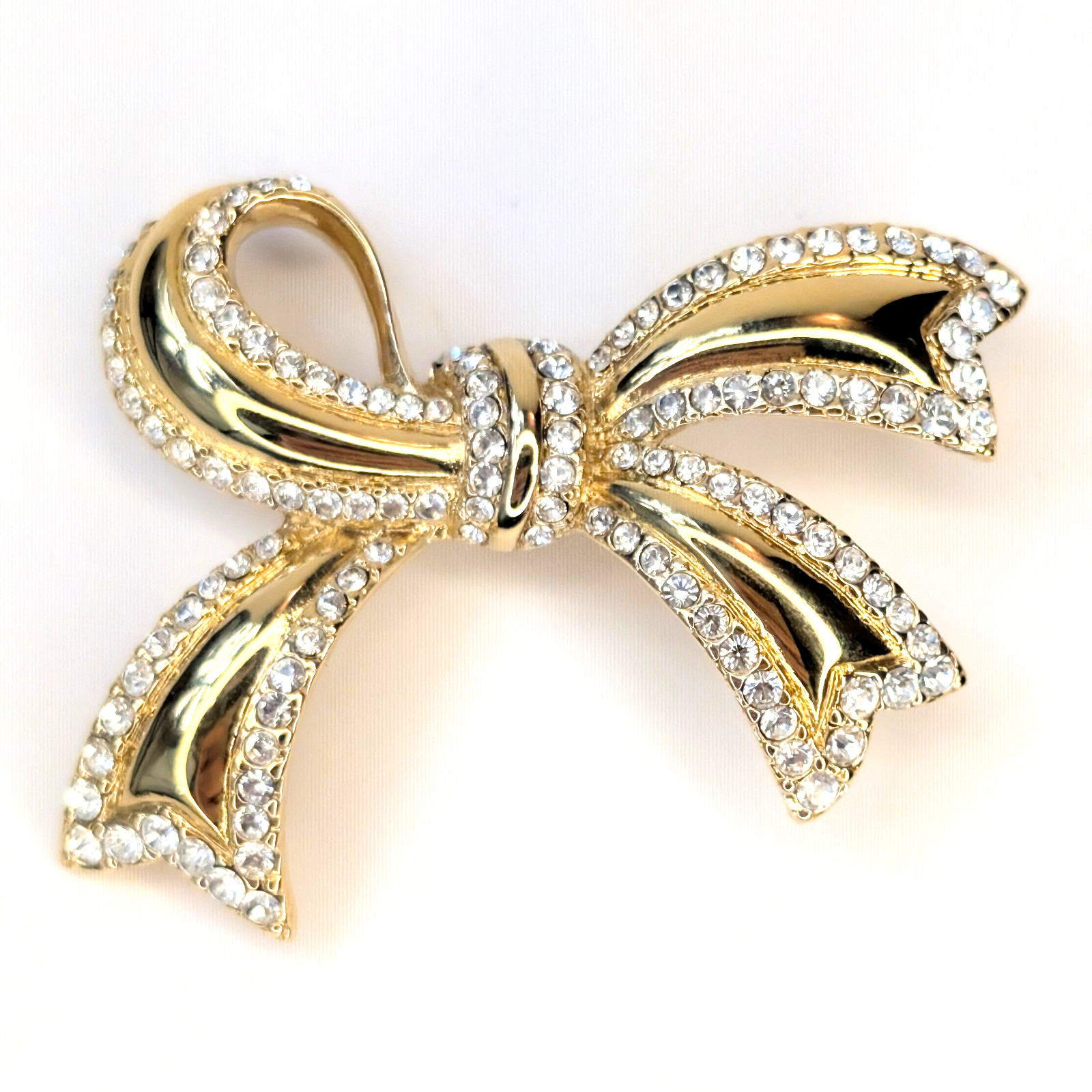 Vintage Monet Bow Brooch Gold-tone Plated Pave Clear Crystals 1980s–1990s