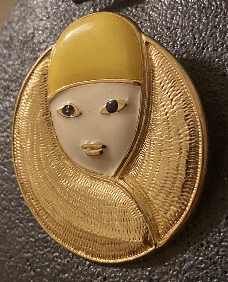 Vtg Signed Orena PARIS Retro Enameled Art Deco French Woman Gold Tone Brooch Pin