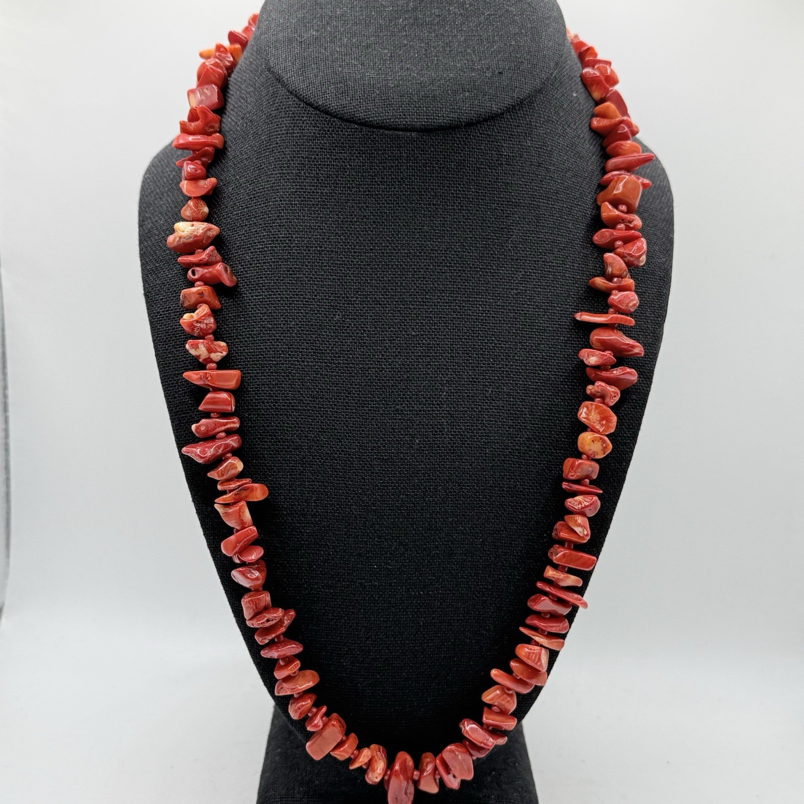 Genuine Natural Nugget Red Coral Bead necklace 22” Silver tone Clasp