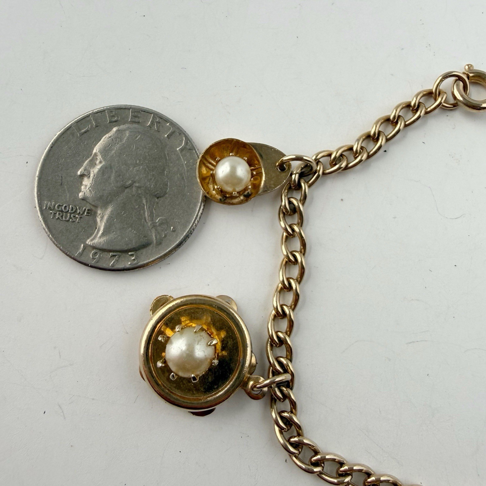 Vintage Charm Faux Pearl Chain Bracelet Tambourine Wheelbarrow Heart Etc