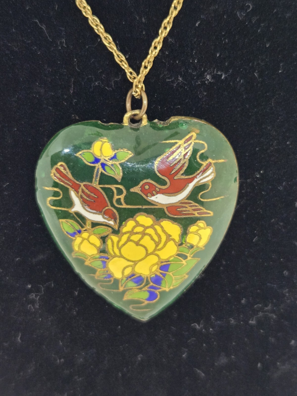 Cloisonne Puff Heart Shaped Floral and Bird Pendant Charm
