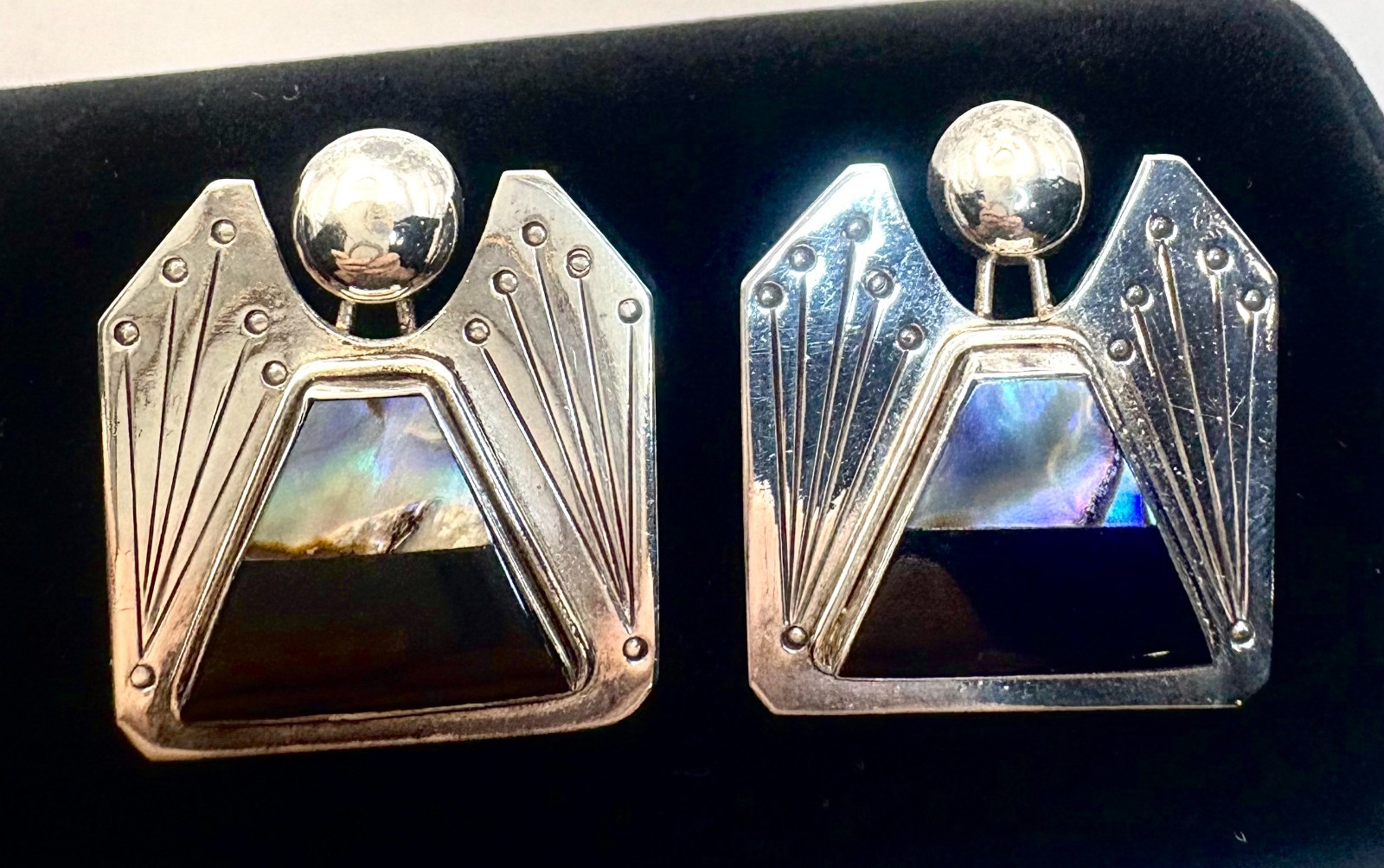 Sterling Silver 925 Black Onyx Abalone MOP Shell Angel Figure Vintage Earrings
