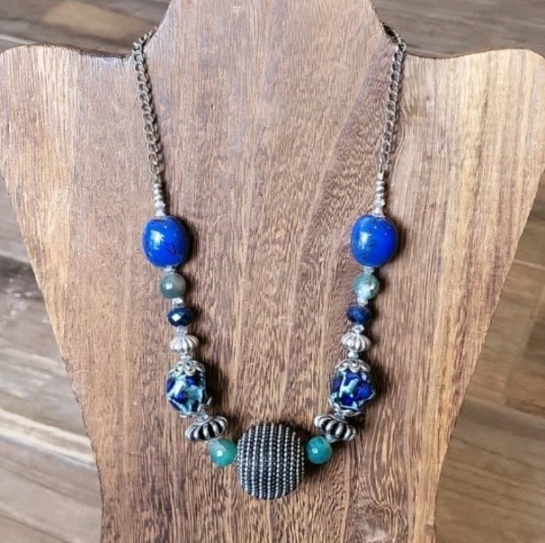Vtg Multicolored Stone Beaded Silver Tone Necklace Toggle Closure, Free Shipping