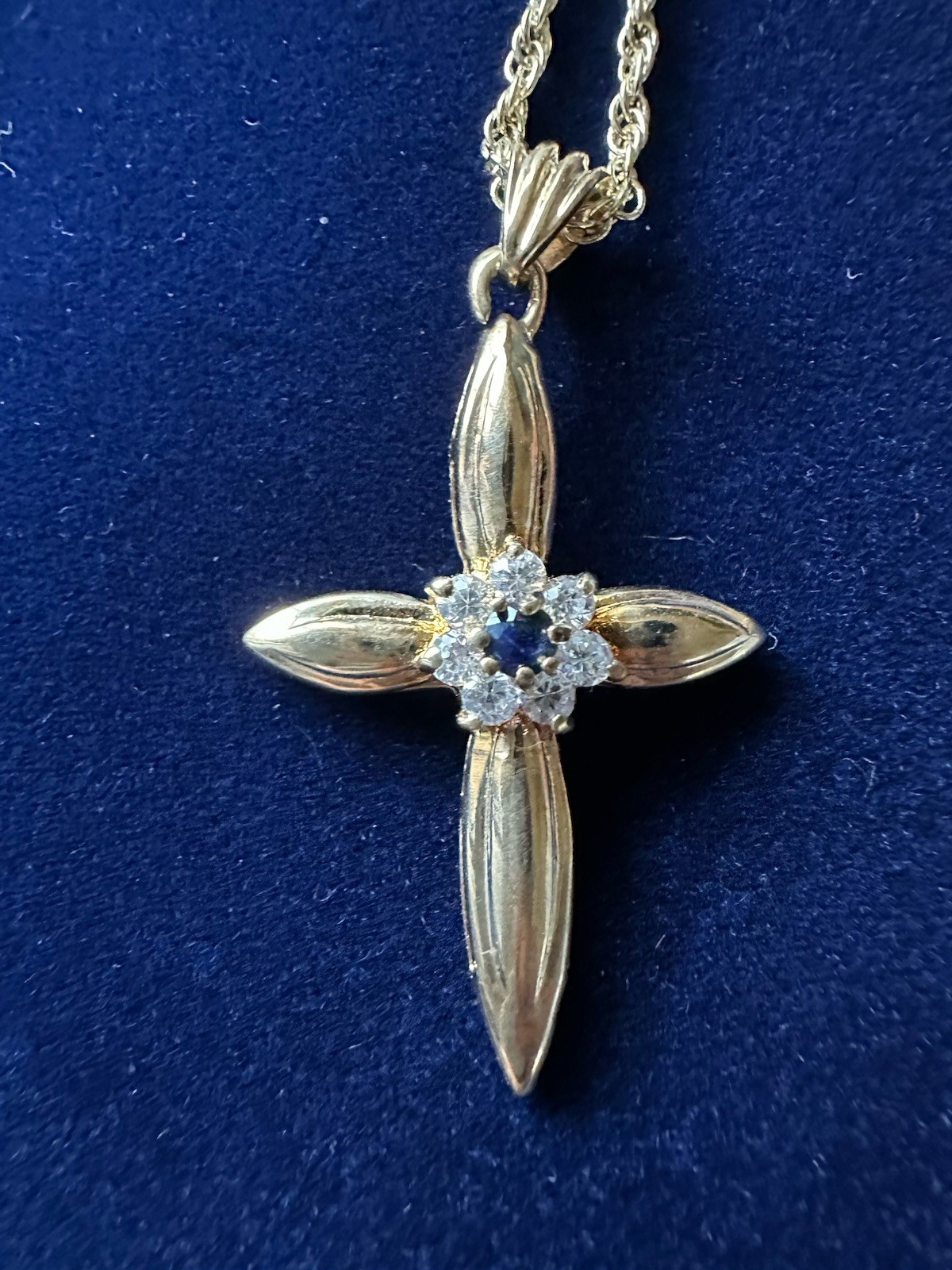 Vintage Gold Plated Cross Necklace Genuine Blue Sapphire CZ Korea Box Cert