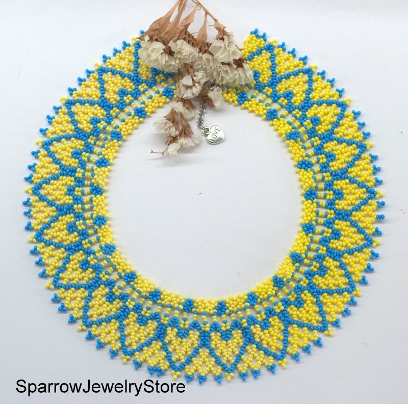 Blue yellow seed bead choker Czech glass bohemian necklace Ukrainian sylianka