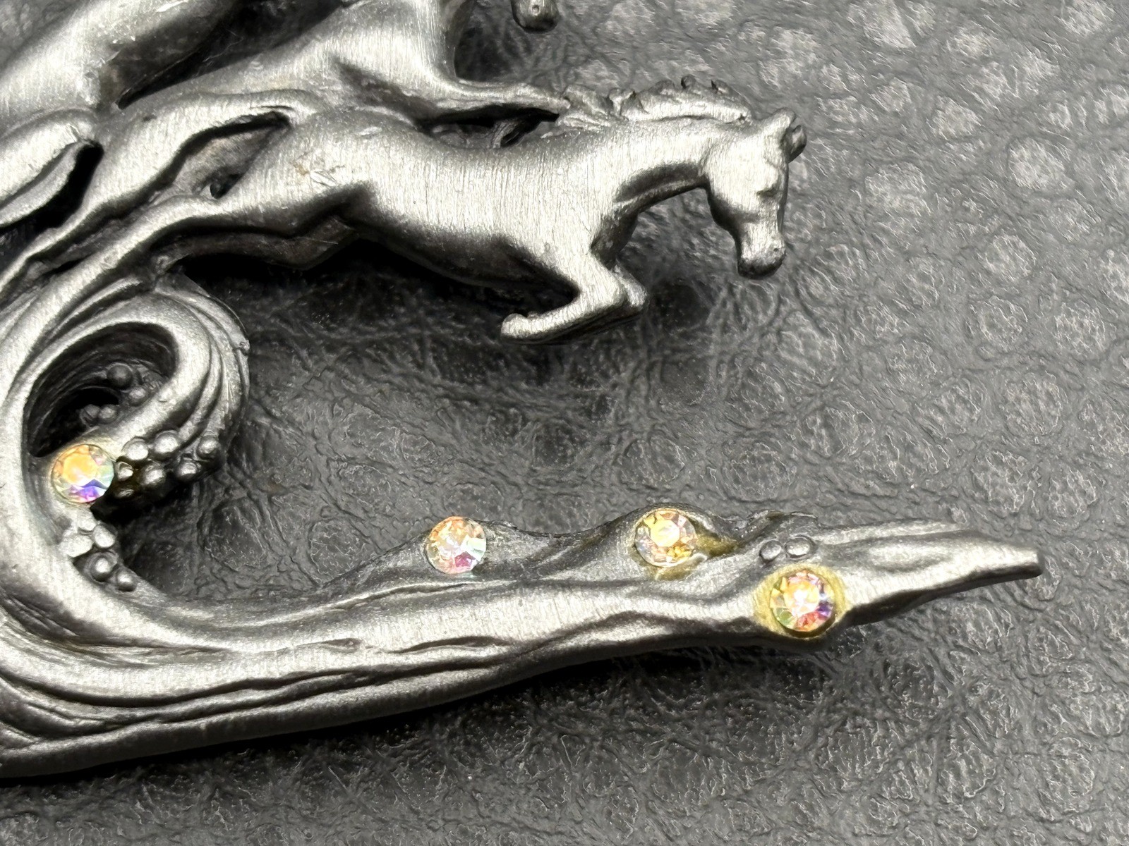 VTG Horses Riding Waves Equestrian AJC Pewter Aurora Borealis Crystal Brooch Pin