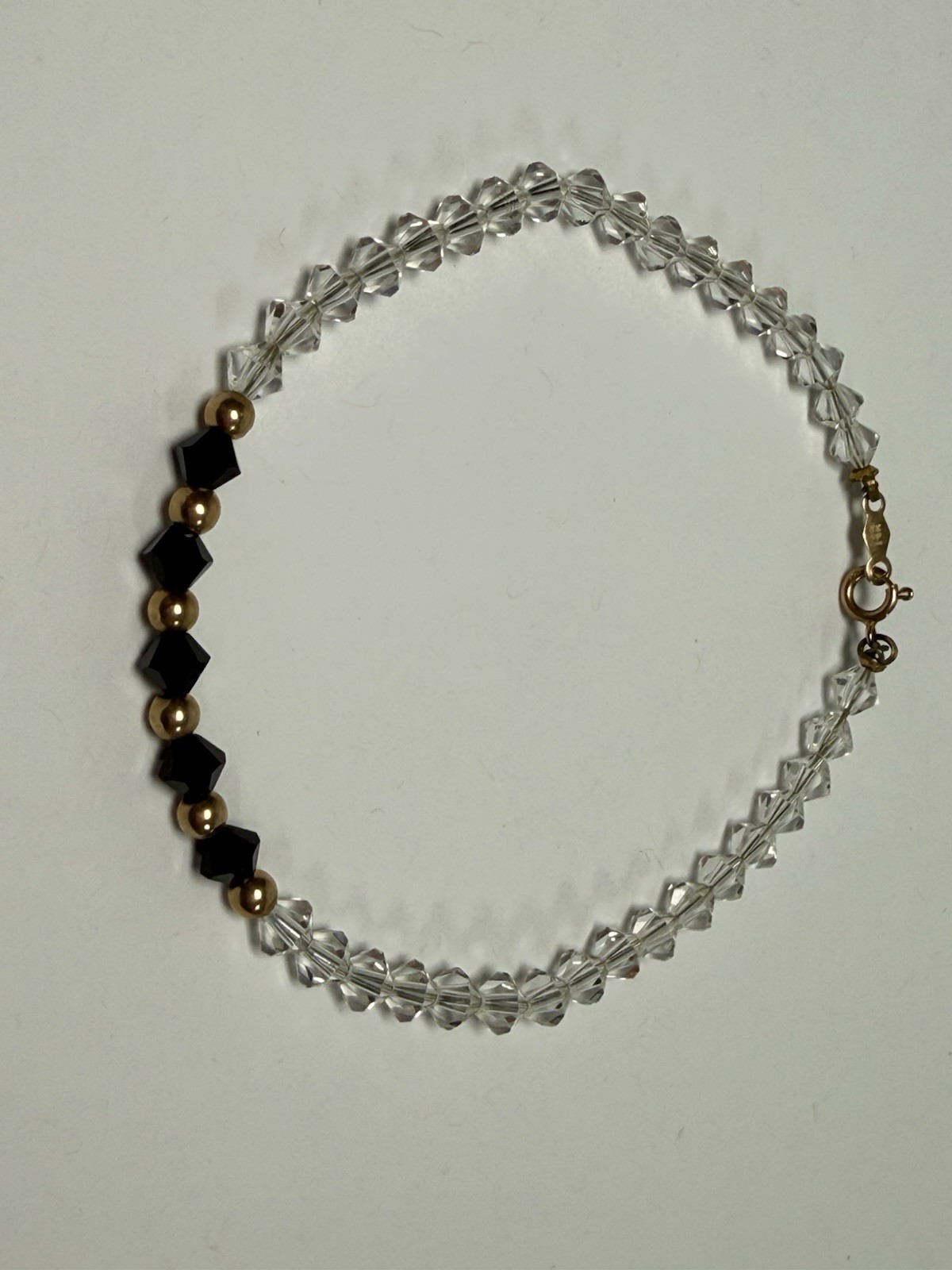 Vintage 14K Gold Bicone Black Clear Crystal Beaded 7” Bracelet
