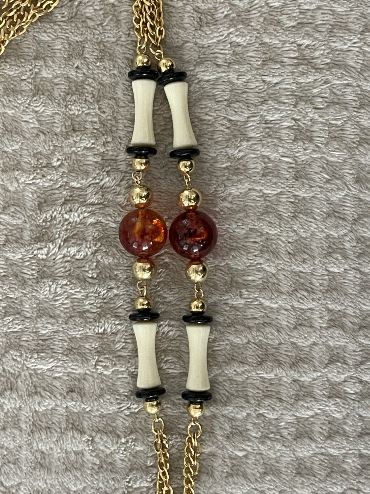 Vintage 24” Gold Tone Black, Cream & Amber Colored Beads Necklace