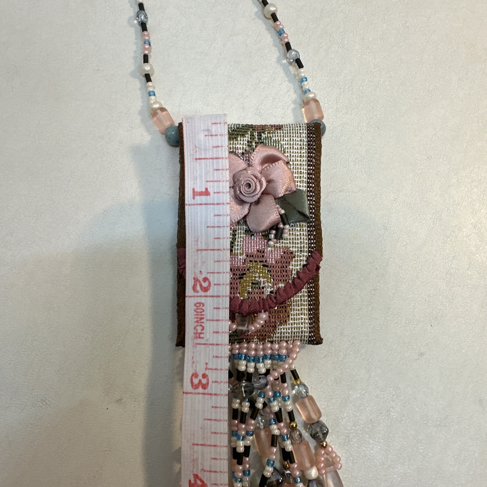 Vintage Needlepoint Handmade Purse Seed Bead Necklace Beaded Fringe-Bo Ho-Hippie