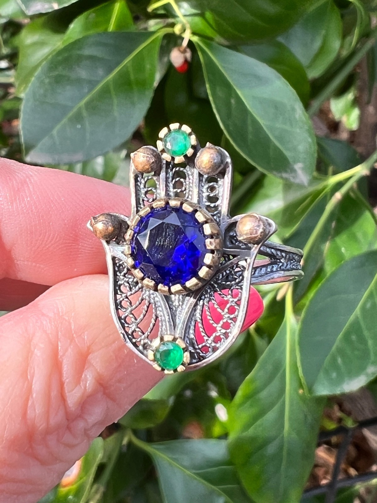 VINTAGE HAMSA VIVID BLUE GREEN PASTE GLASS STONES 925 STERLING SILVER UNIQUE