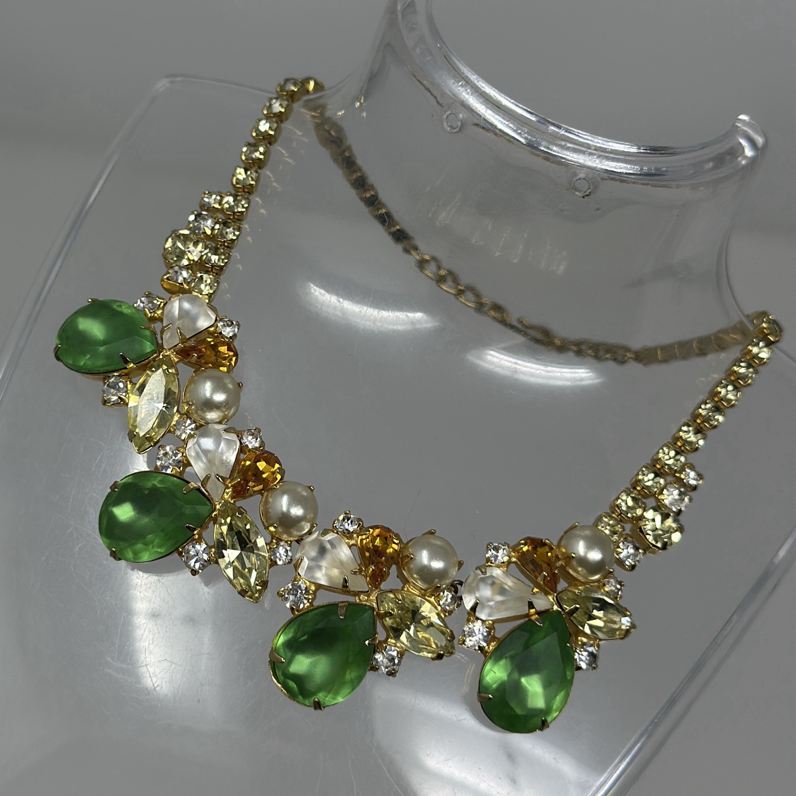 Vintage Czech Crystal Collar Necklace Green Yellow Imitation Pearl Statement 17”