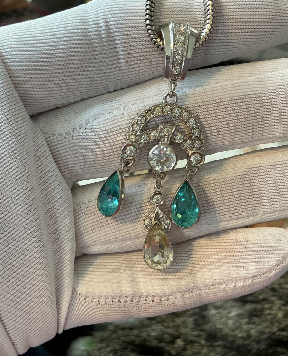 GORGEOUS Edwardian Sterling Silver Blue Crystal Pendant Drop Necklace 16″ Long