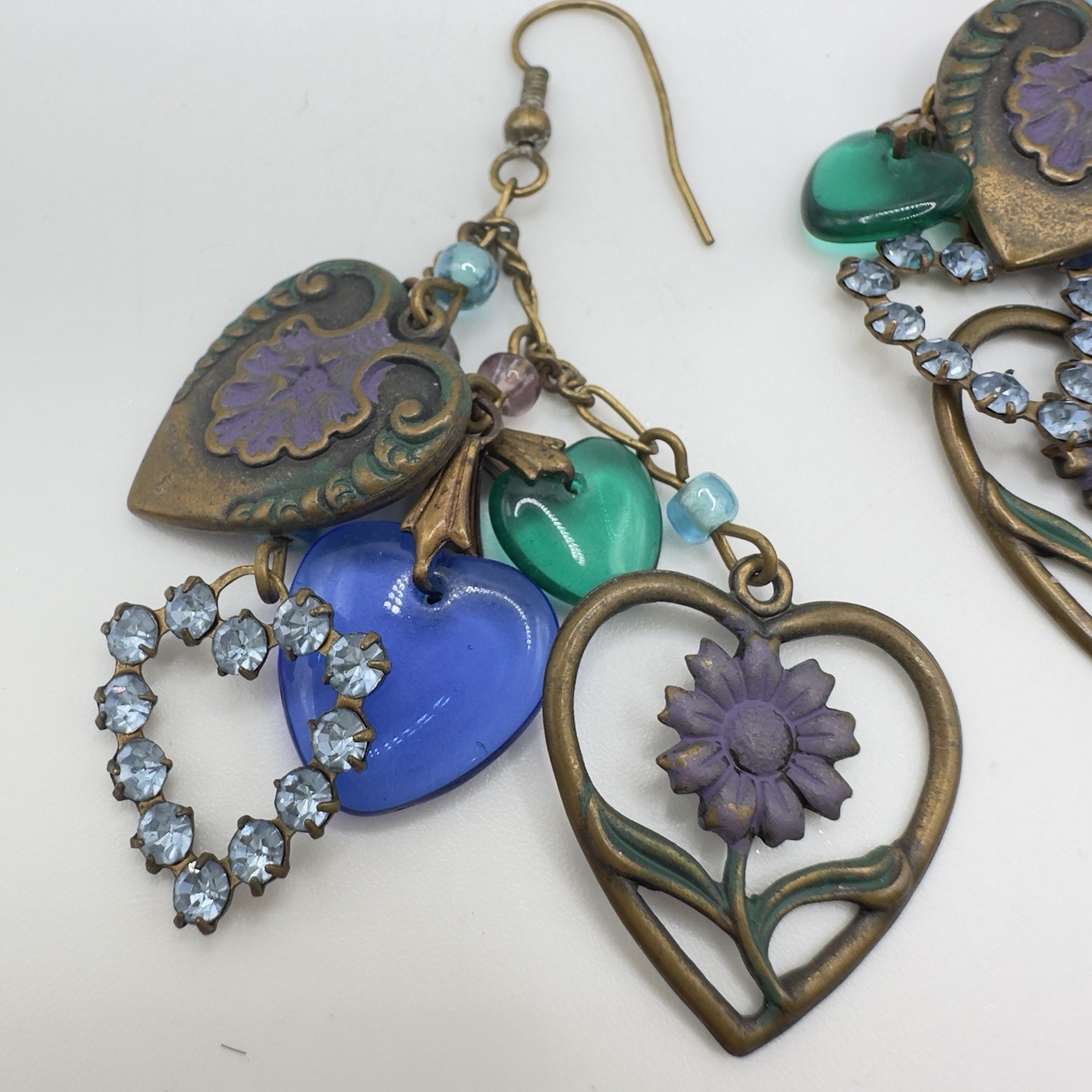 Vintage Glass Works Studio Brass tone HEART Glass Hook Earrings 2.75”