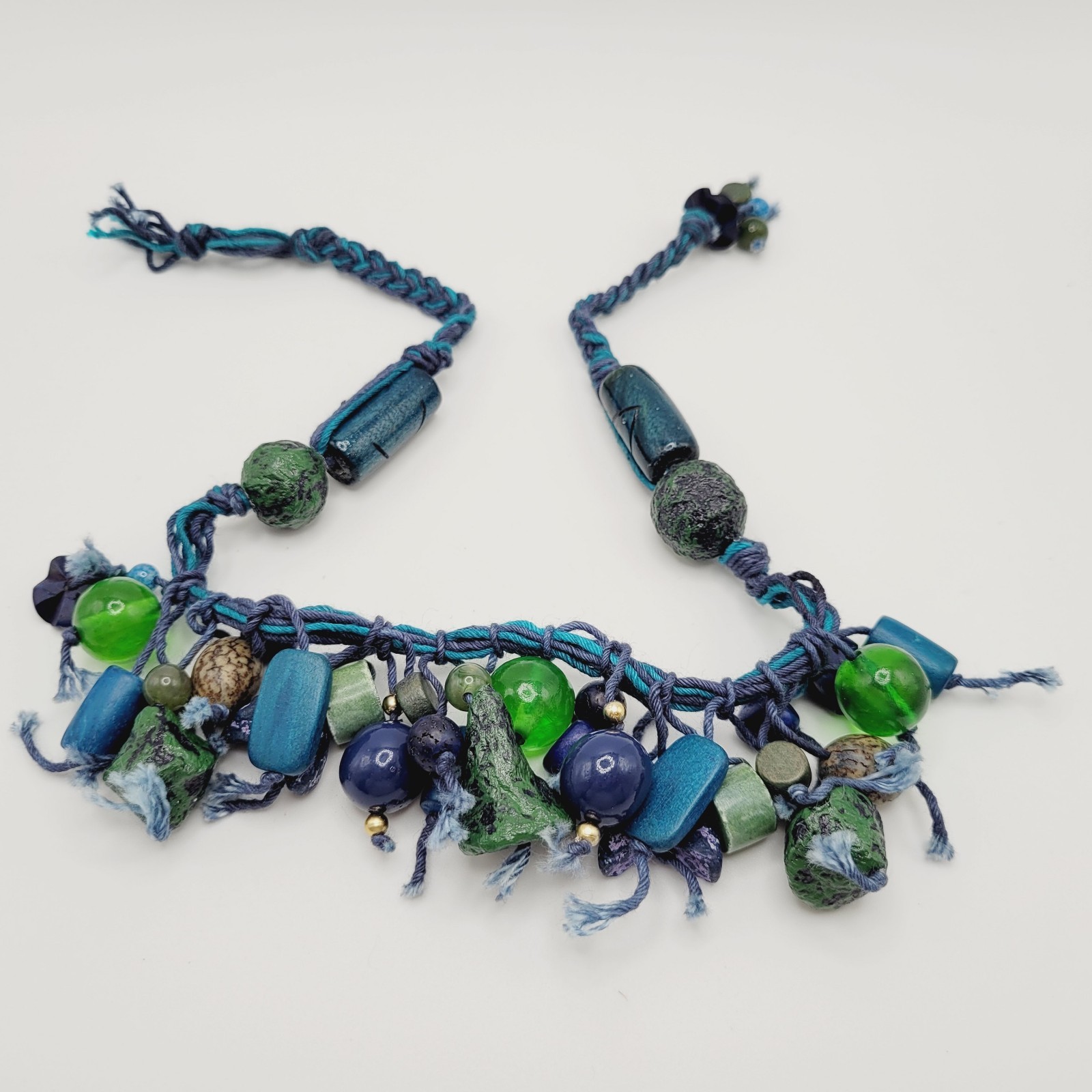 Eclectic Artsy Artisan Braided Cotton Mixed Material Beaded Vintage Necklace
