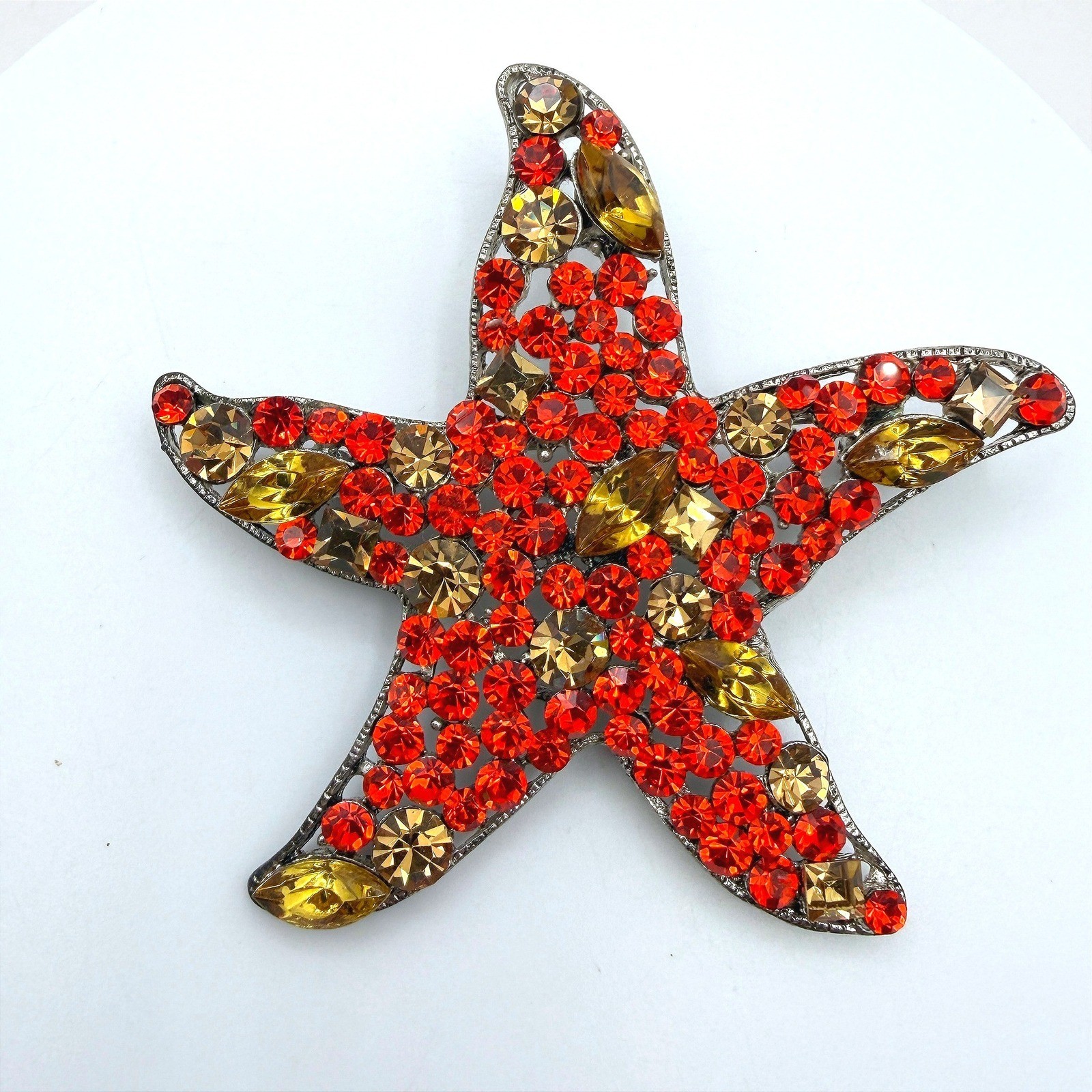Vintage Red Yellow Rhinestones Silver-Tone Aluminium Starfish-Shaped Brooch Pin