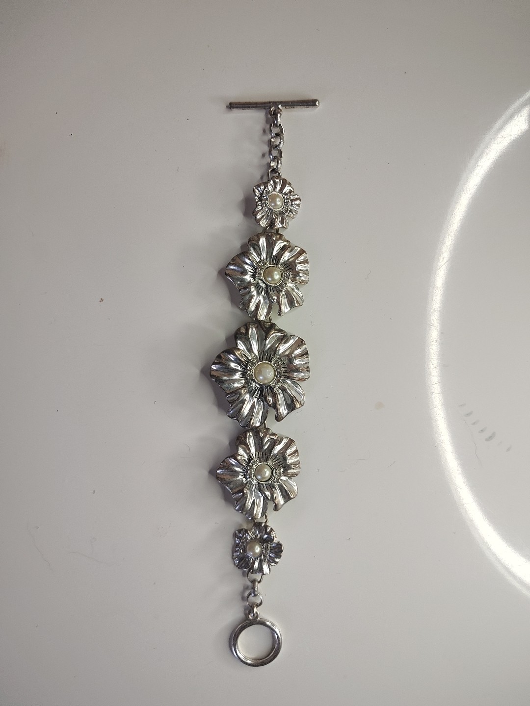 Vintage Flower Silver Tone Bracelet With Pearl Approximately 8 And 1/2 In Open