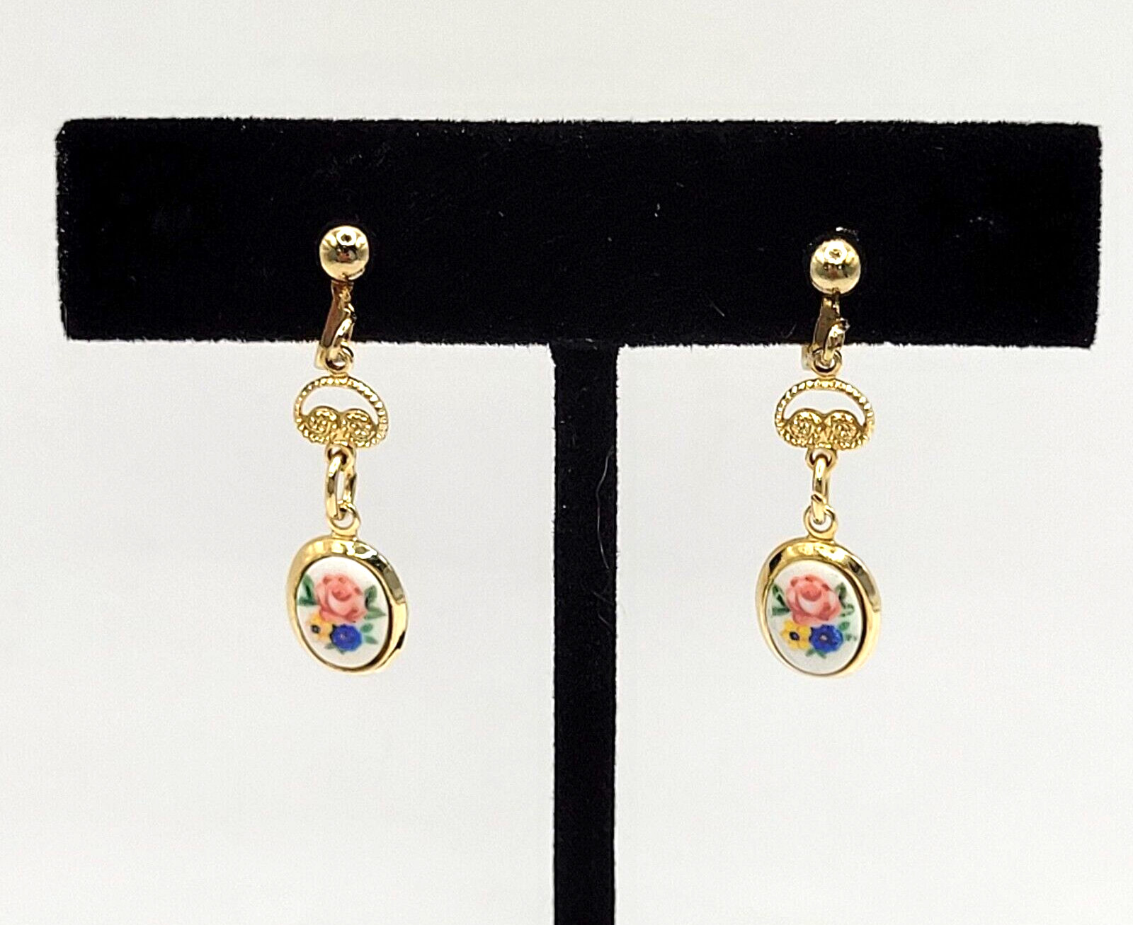 Petite Hand Painted Flowers Porcelain Gold Tone Drop Dangle Vintage Earrings