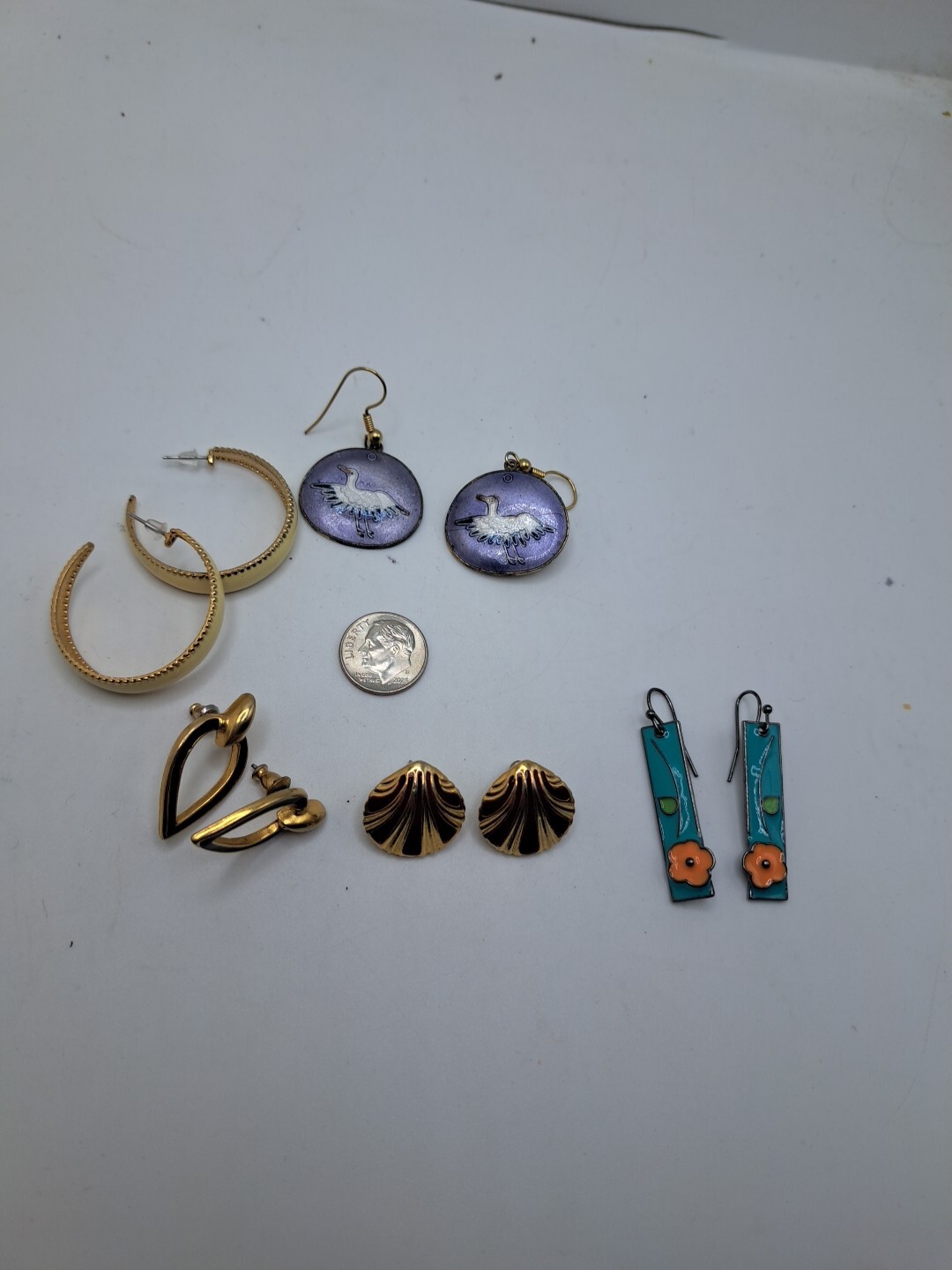 Lot (5) Metal And Enamel Earrings Studded Dangle Flowers Shell Egret Heron