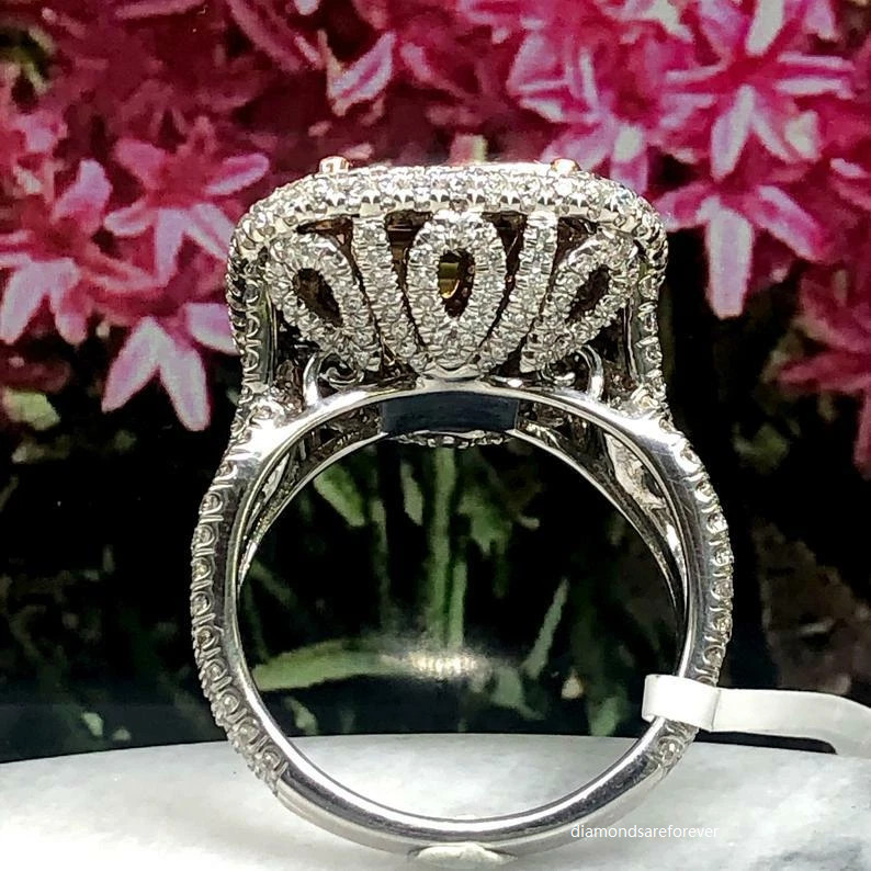 14K White Gold Finish Halo Ring 5Ct Princess Cut Champagne Moissanite Diamond