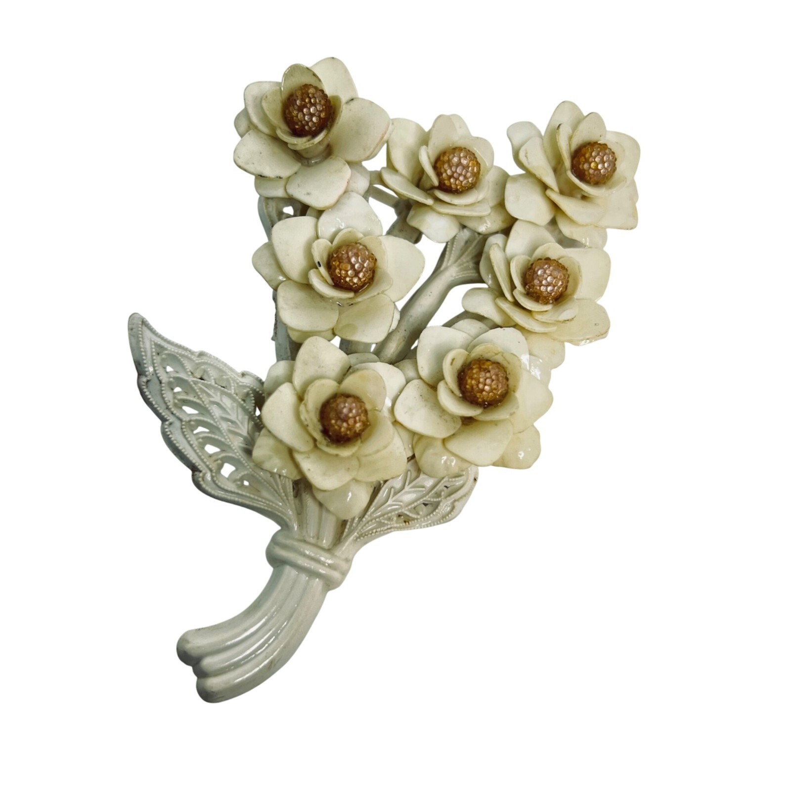 Vintage Pair Of Plastic Flower Brooches With Floral Bouquet & Rose Design (5771)