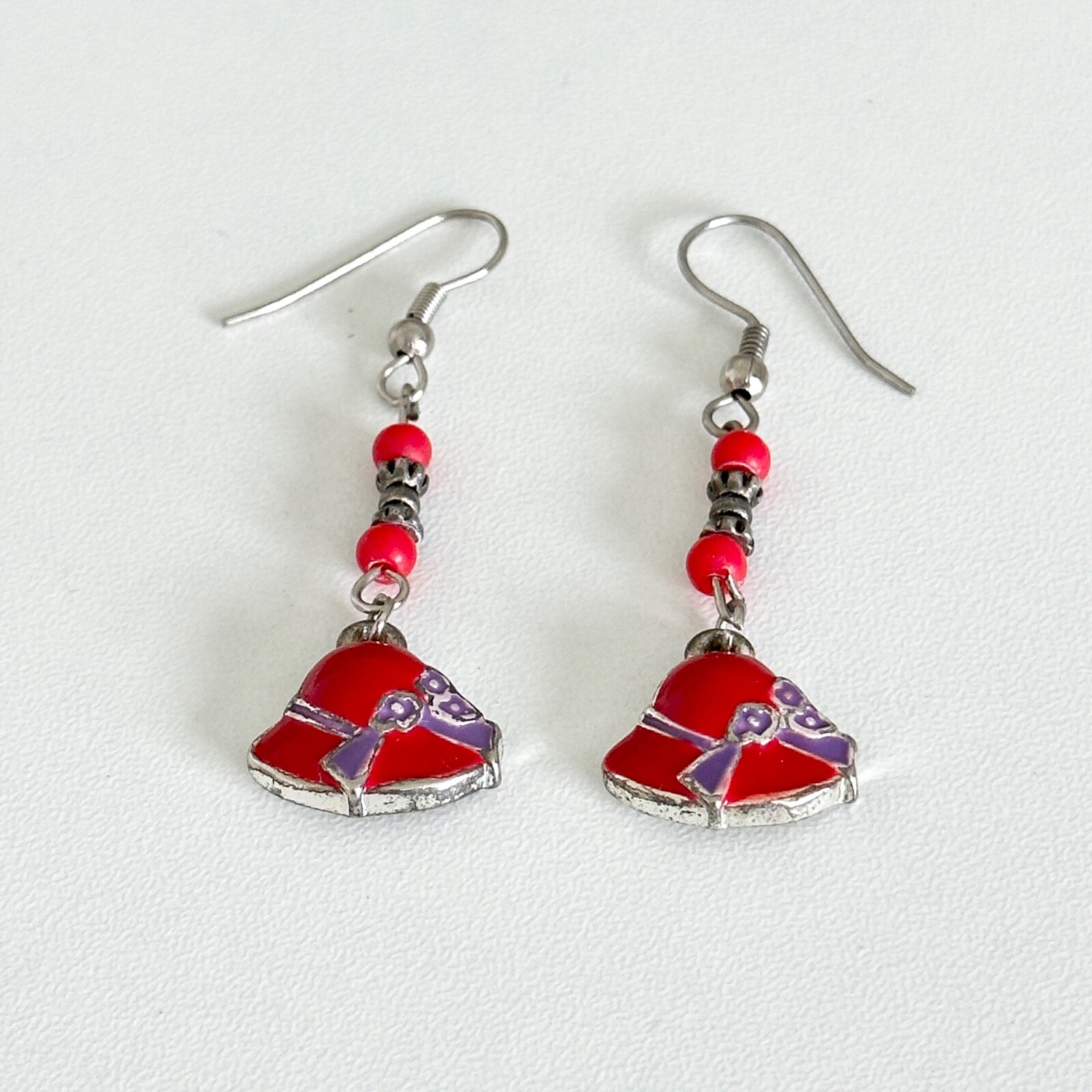 Vintage Red Purple Enamel Floral Bonnet Hat Silver Tone Pierced Drop Earrings
