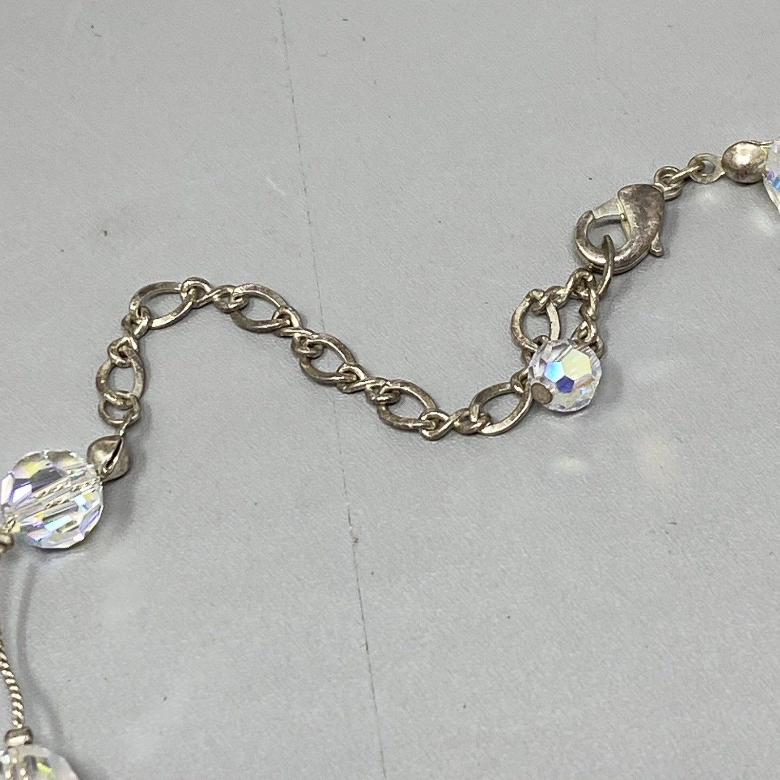 Aurora Borealis Crystal Bead Necklace Faceted Glass Silver Tone Chain Collar 18″