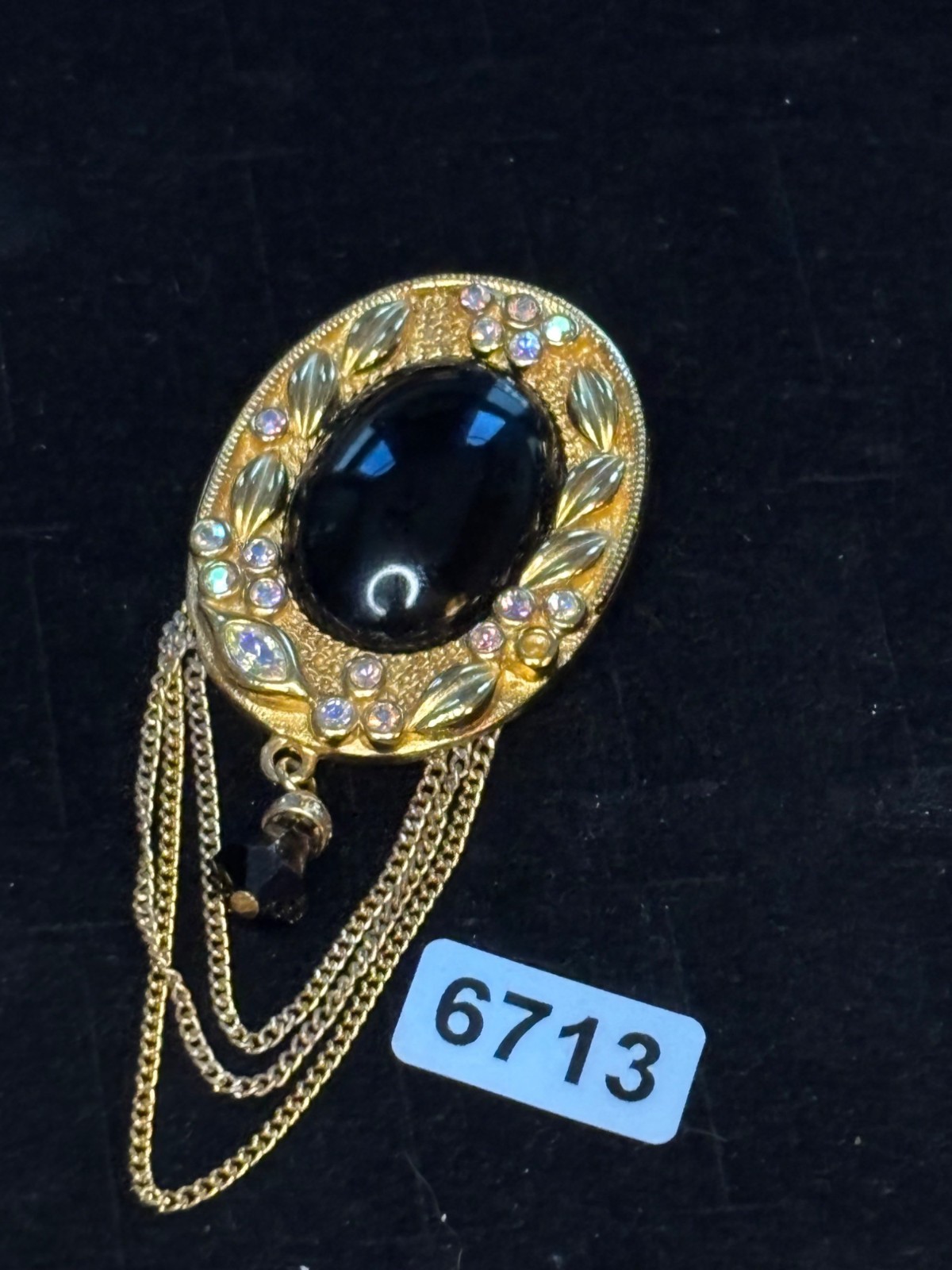 KJL signed Gold Tone Brooch With Black Stone & Crystal Accents