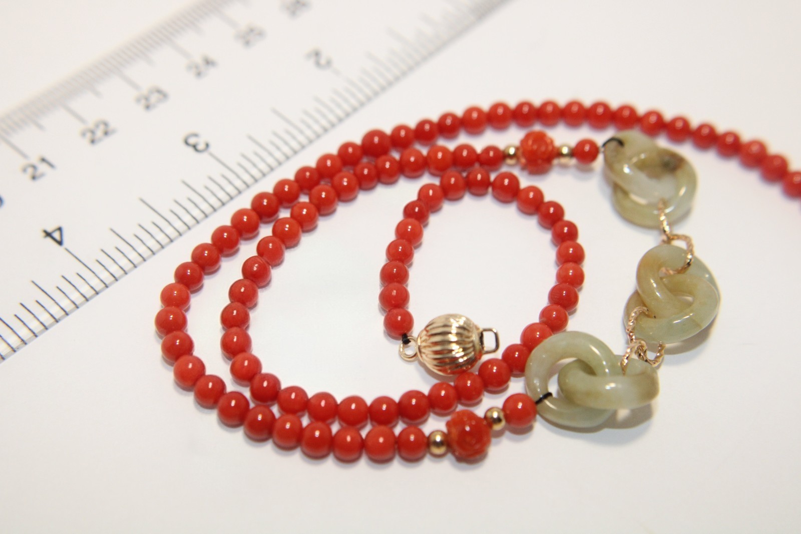 Italian Natural Red Coral Interlocking Jade Necklace