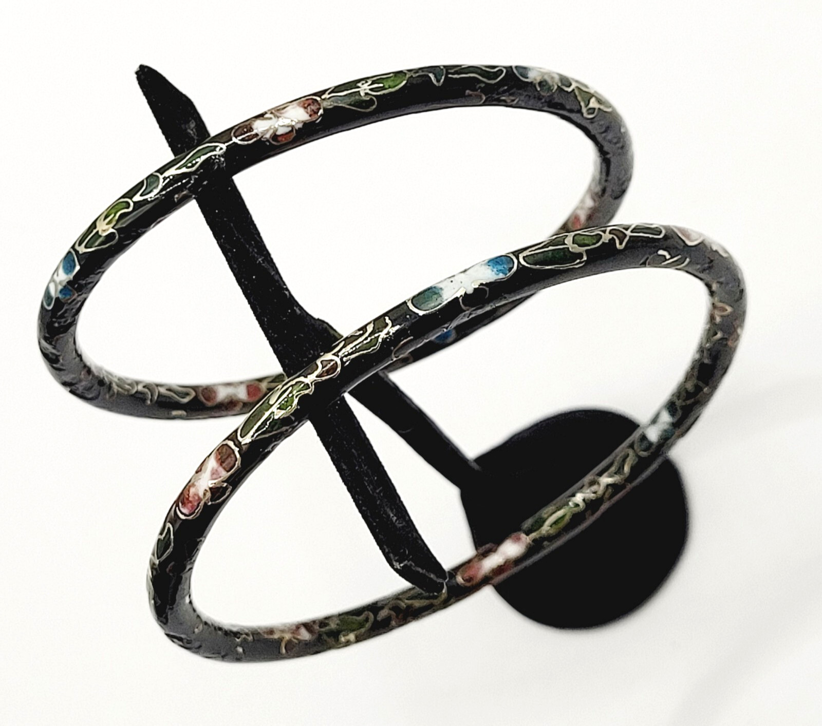 2 Cloisonné Asian Inspired Black Dark Shiny Floral Hand Painted Bangle Bracelet