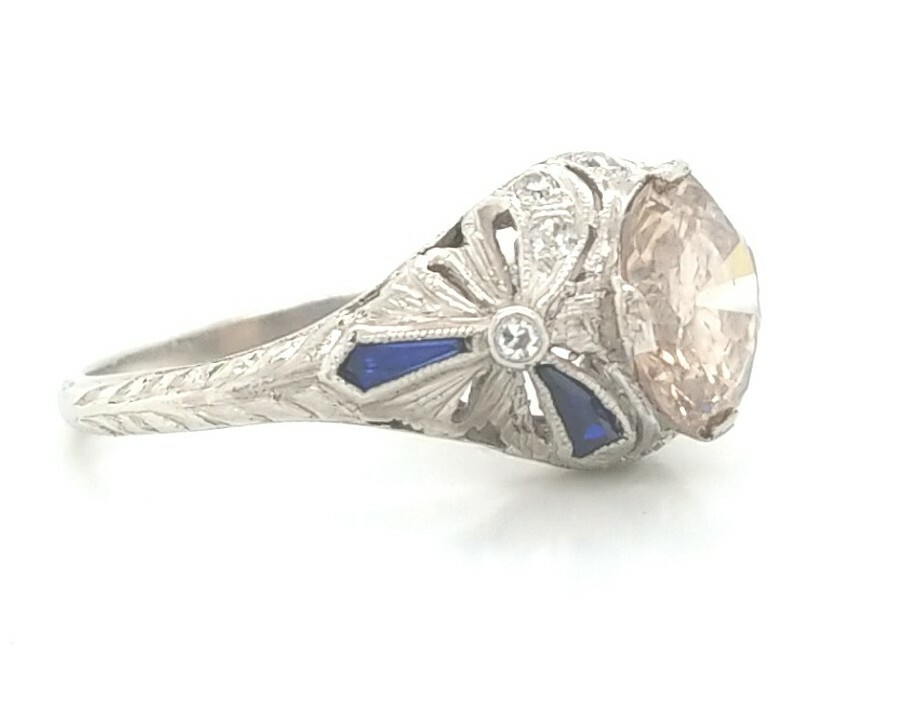 18k White Gold Vintage Filigree Engagement Ring 2.65ct Round Champagne Diamond