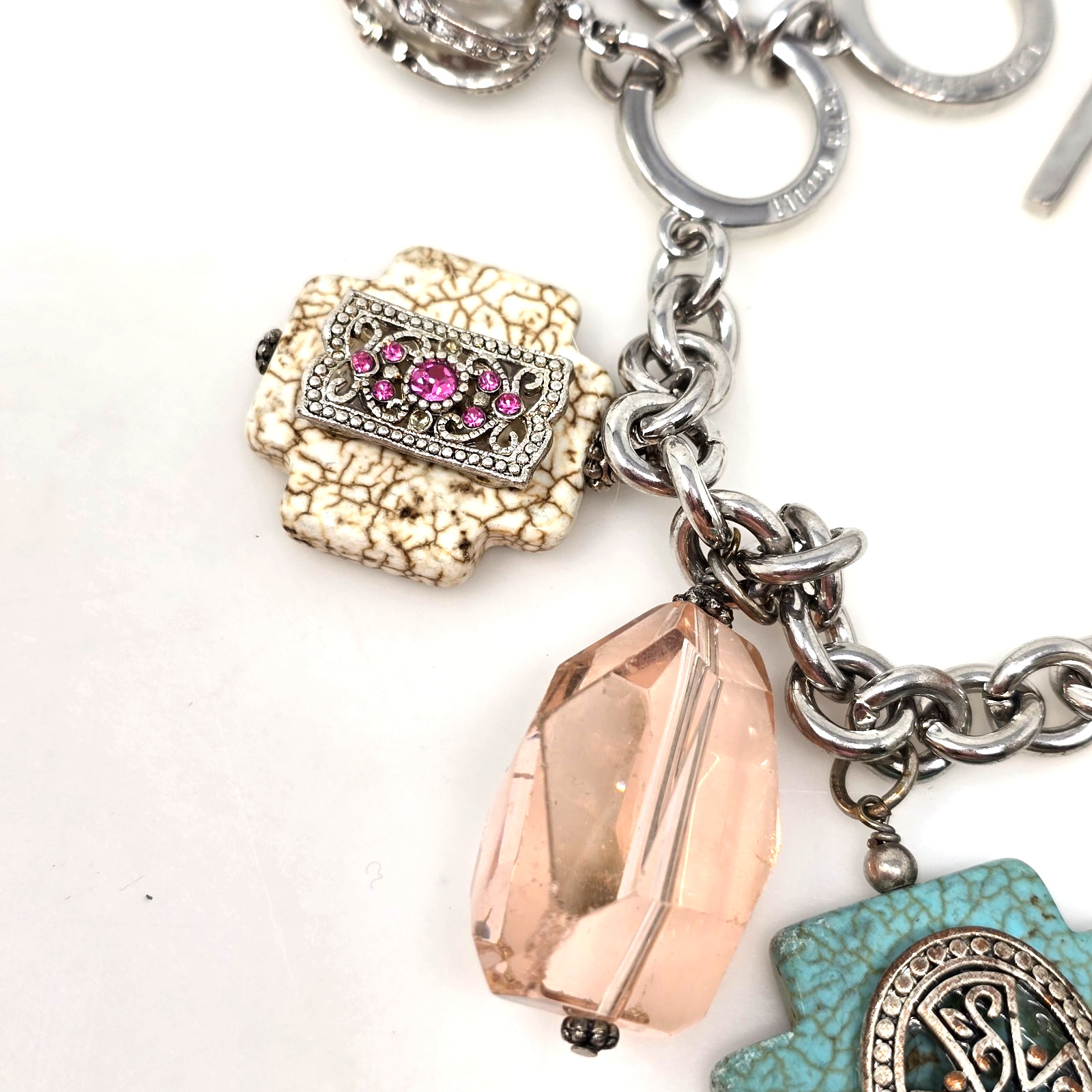 Vintage Tutti Frutti Beaded Charm Bracelet Silver Tone Stretch Heart Cross