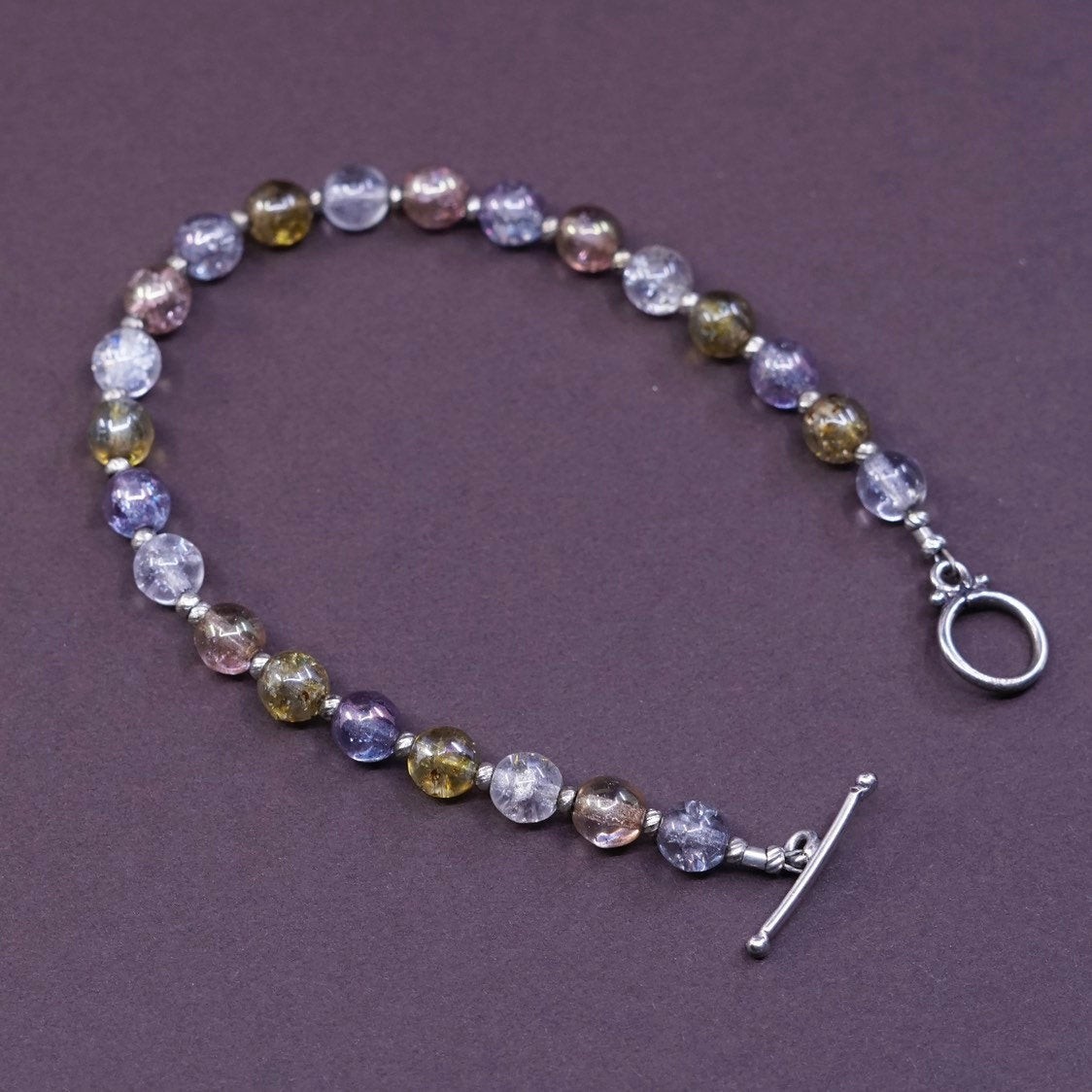 7″, vtg Sterling silver handmade chain crystal beads bracelet w/ toggle closure